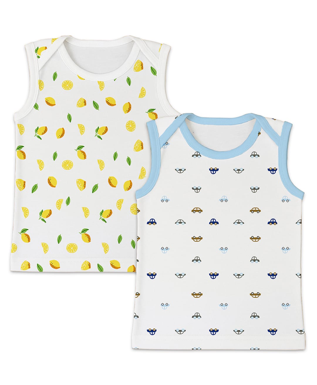 Mom's Home Organic Cotton Knit Pack Of 2 Sleeveless Lemon & Cars Printed Vests - White-image-37