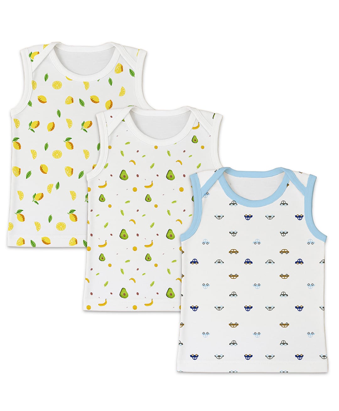 Mom's Home Organic Cotton Knit Pack Of 3 Sleeveless Avocado Lemon & Cars Printed Vests - White-image-38