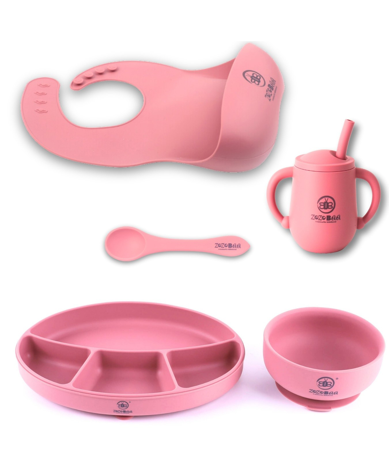 ZoZoBaa Silicone Feeding Set Including Baby Bib,Long Spoon, Straw Training Cup, Suction Base Oval Plate & Bowl for Toddler |Solid Cutlery Set | Easy Wipe Clean| Baby Weaning Sets (5 Pc), Dark Red-image-10