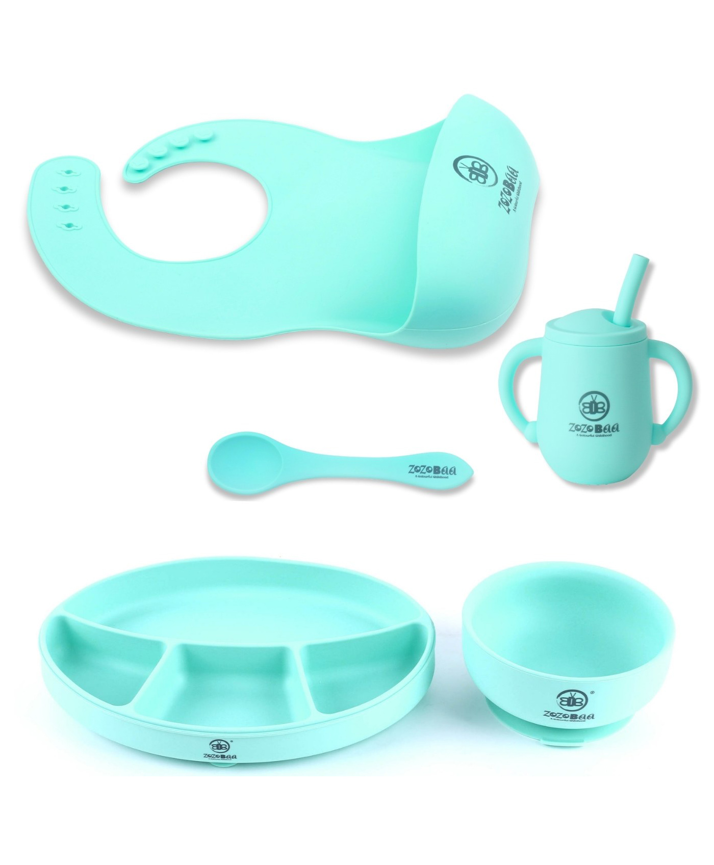 ZoZoBaa Silicone Feeding Set Including Baby Bib,Long Spoon, Straw Training Cup, Suction Base Oval Plate & Bowl for Toddler |Solid Cutlery Set | Easy Wipe Clean| Baby Weaning Sets (5 Pc), Mint Green-image-24