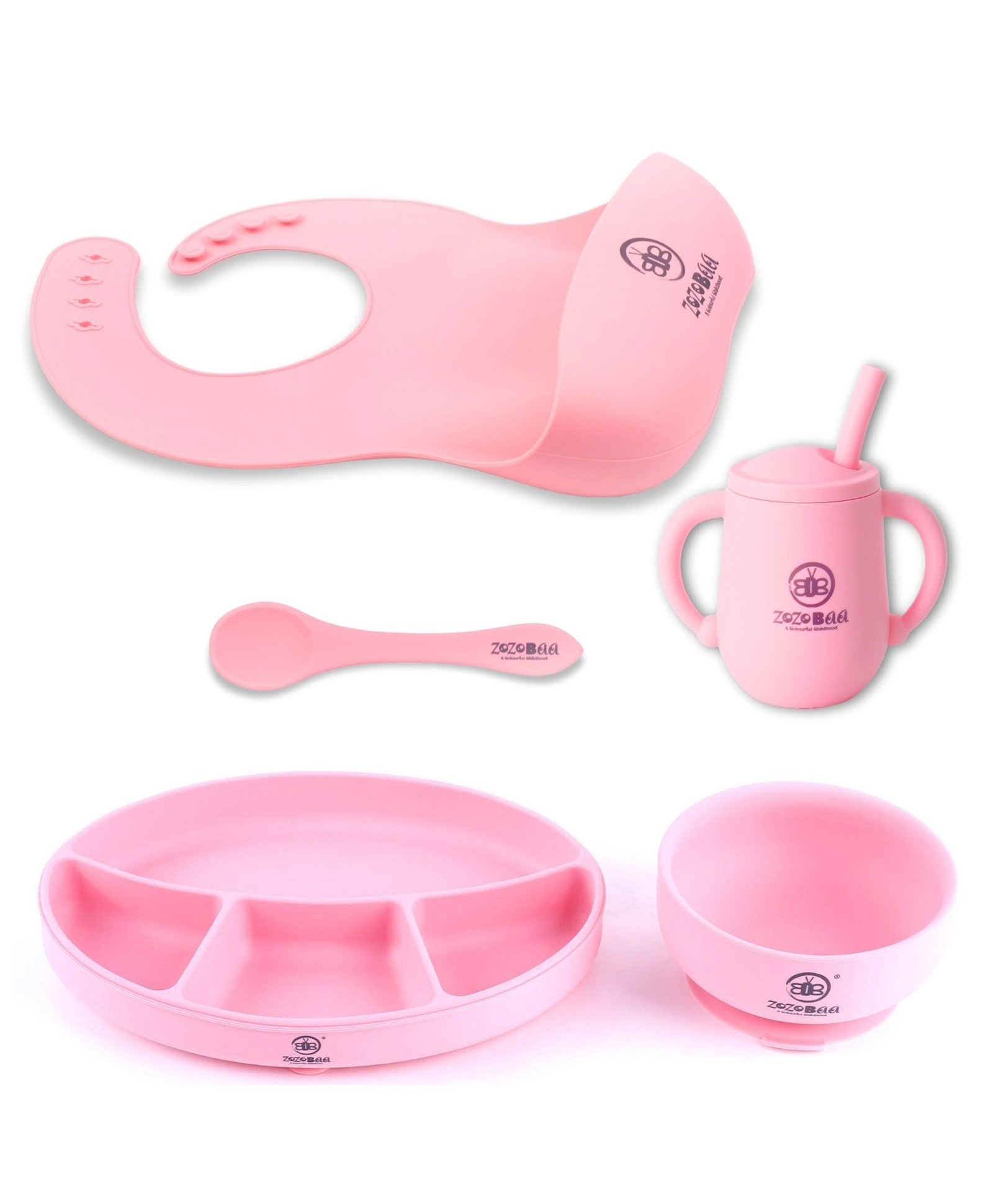 ZoZoBaa Silicone Feeding Set Including Baby Bib,Long Spoon, Straw Training Cup, Suction Base Oval Plate & Bowl for Toddler |Solid Cutlery Set | Easy Wipe Clean| Baby Weaning Sets (5 Pc), Pink-image-20