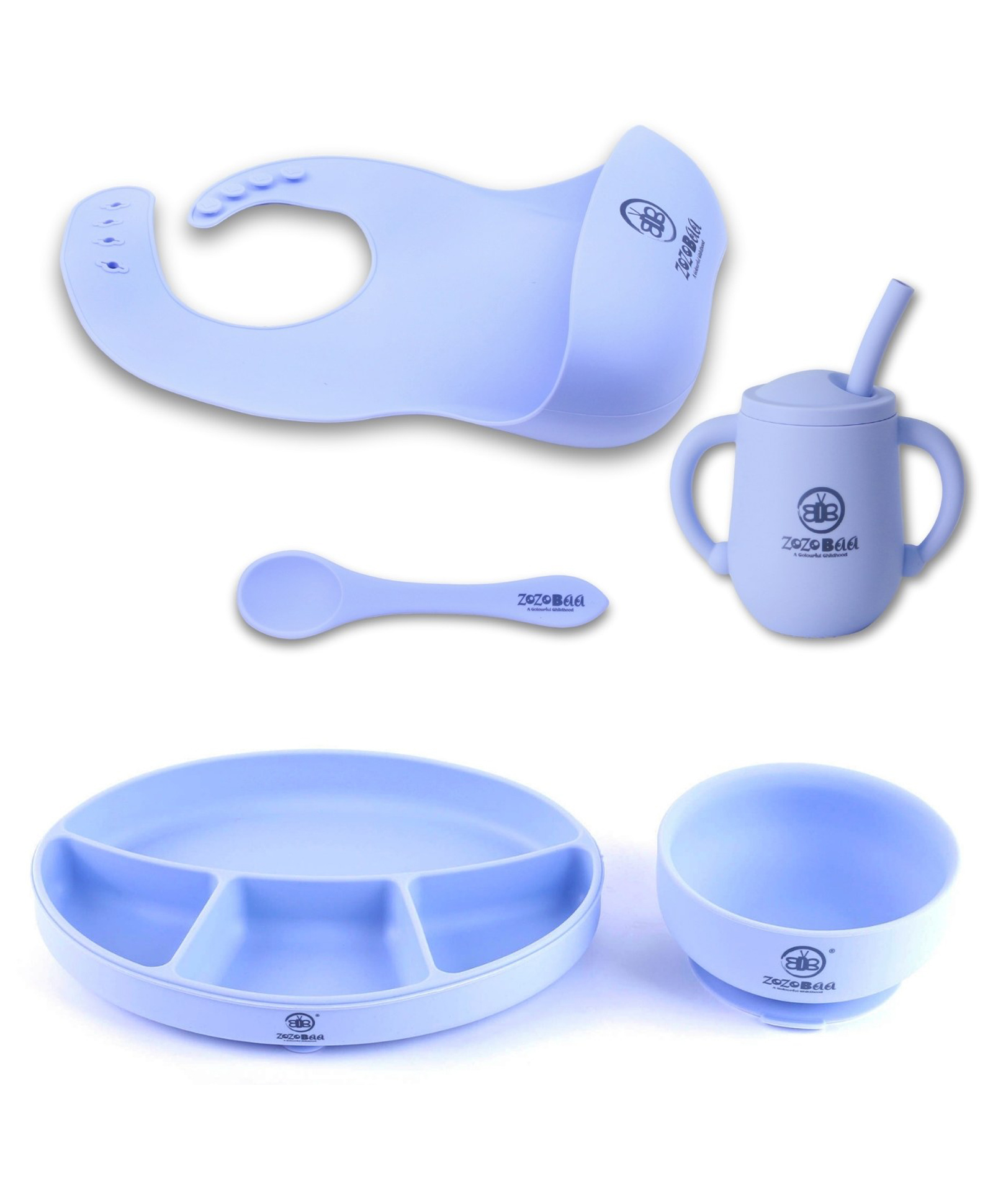 ZoZoBaa Silicone Feeding Set Including Baby Bib,Long Spoon, Straw Training Cup, Suction Base Oval Plate & Bowl for Toddler |Solid Cutlery Set | Easy Wipe Clean| Baby Weaning Sets (5 Pc), Purple-image-8