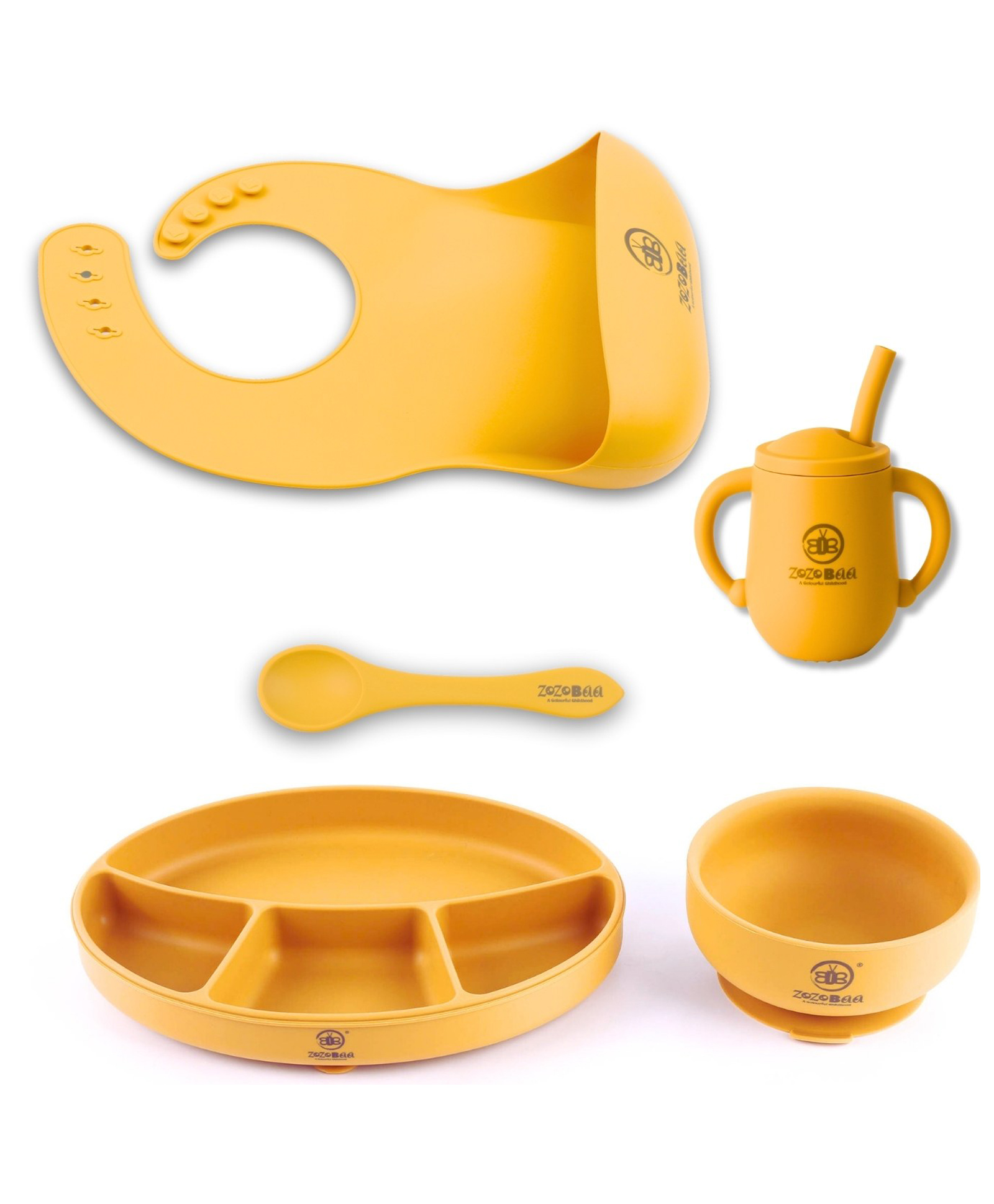ZoZoBaa Silicone Feeding Set Including Baby Bib,Long Spoon, Straw Training Cup, Suction Base Oval Plate & Bowl for Toddler |Solid Cutlery Set | Easy Wipe Clean| Baby Weaning Sets (5 Pc), Mango Yellow-image-30