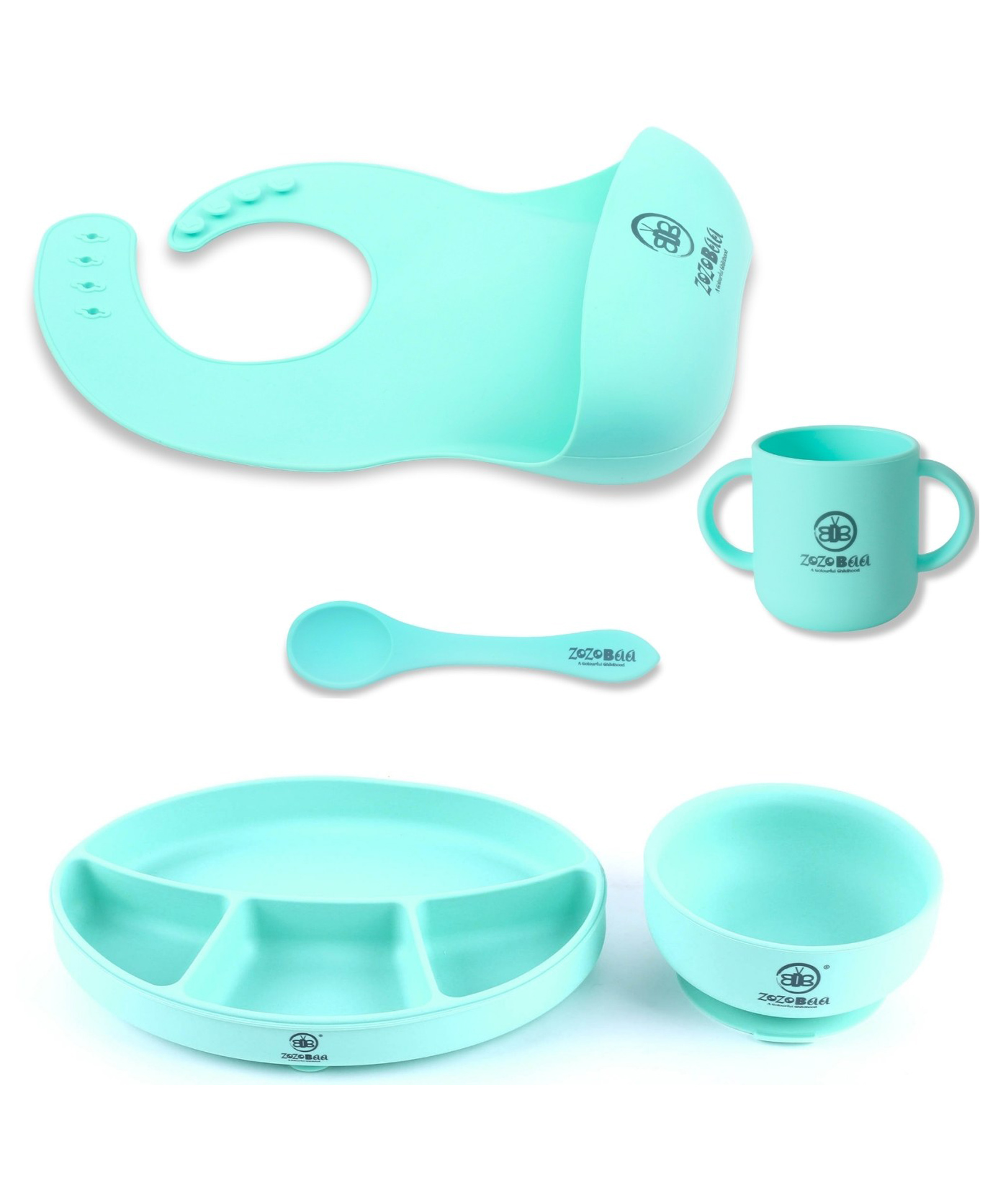 ZoZoBaa Silicone Feeding Set Including Baby Bib,Long Spoon,Open Handle Cup, Suction Base Oval Plate & Bowl for Toddler |Solid Cutlery Set|Easy Wipe Clean|Baby Weaning Sets (5 Pc), [Green]-image-47
