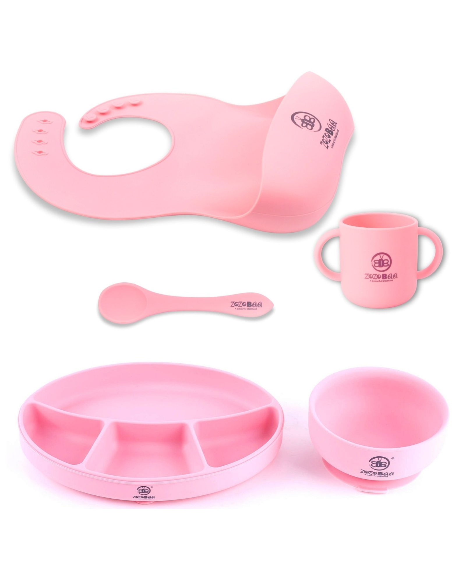 ZoZoBaa Silicone Feeding Set Including Baby Bib,Long Spoon,Open Handle Cup, Suction Base Oval Plate & Bowl for Toddler |Solid Cutlery Set|Easy Wipe Clean|Baby Weaning Sets (5 Pc), [Pink]-picture-36