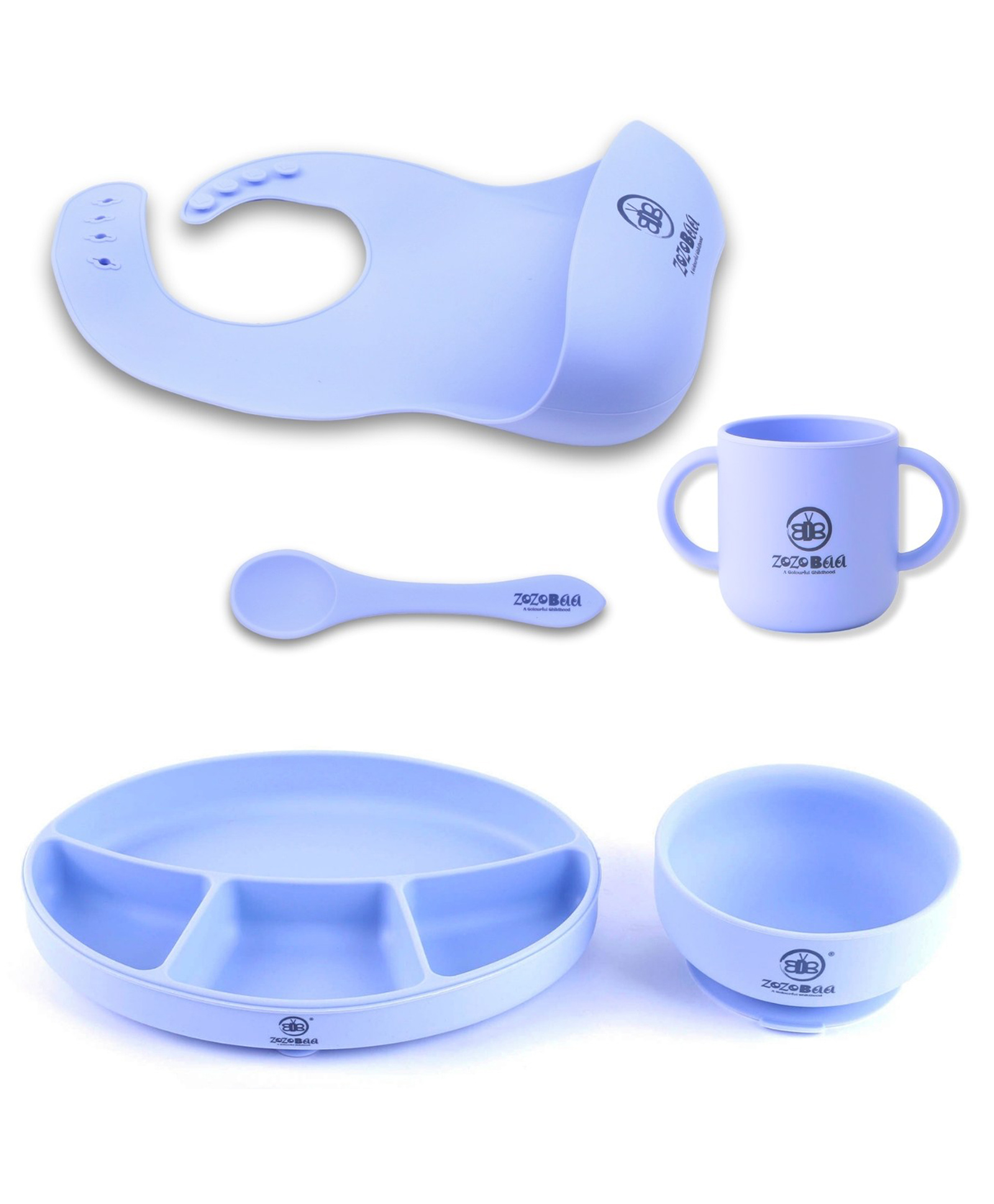 ZoZoBaa Silicone Feeding Set Including Baby Bib,Long Spoon,Open Handle Cup, Suction Base Oval Plate & Bowl for Toddler |Solid Cutlery Set|Easy Wipe Clean|Baby Weaning Sets (5 Pc), [Purple]-image-9