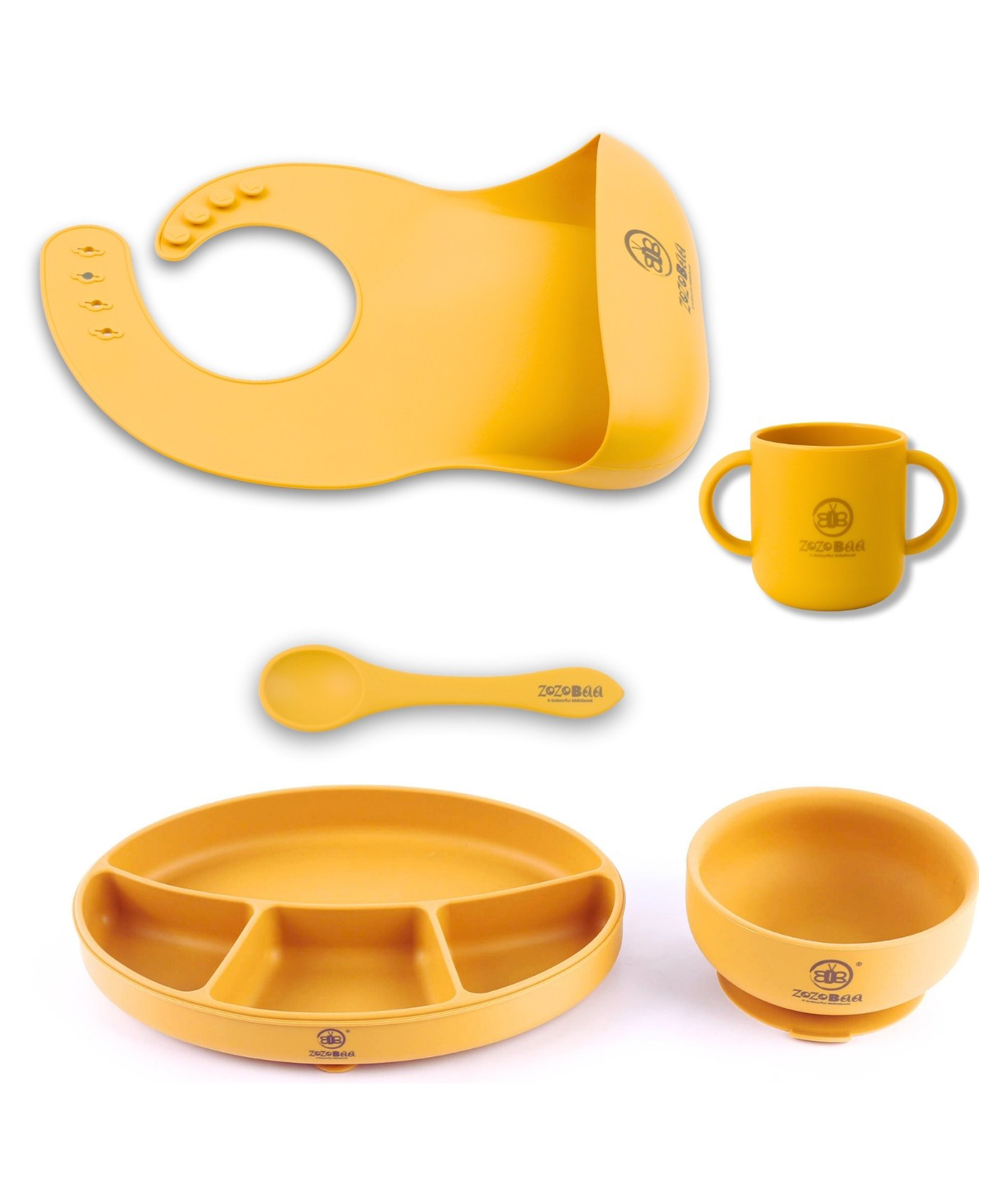 ZoZoBaa Silicone Feeding Set Including Baby Bib,Long Spoon,Open Handle Cup, Suction Base Oval Plate & Bowl for Toddler |Solid Cutlery Set|Easy Wipe Clean|Baby Weaning Sets (5 Pc), [Yellow]-image-31