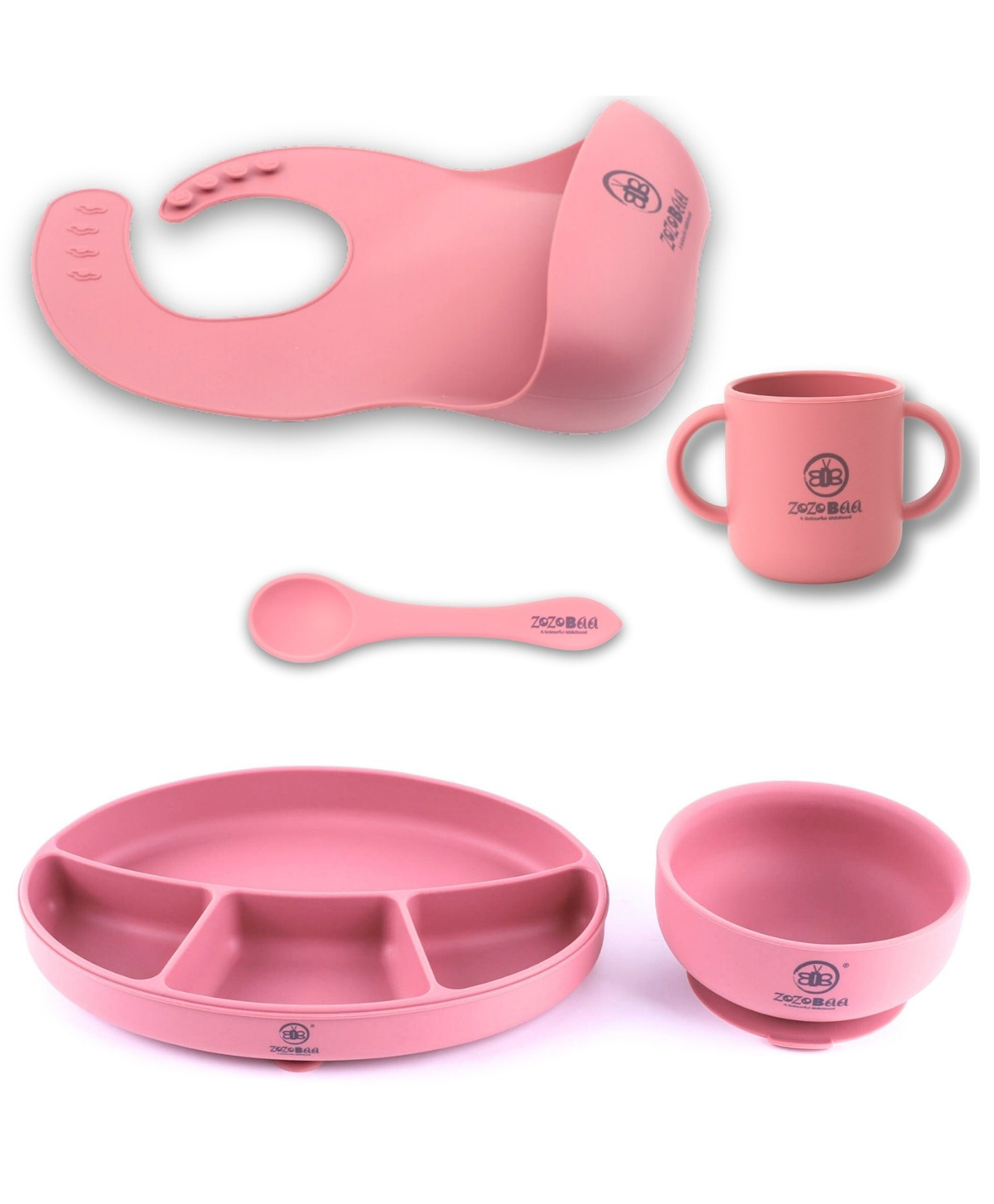ZoZoBaa Silicone Feeding Set Including Baby Bib,Long Spoon,Open Handle Cup, Suction Base Oval Plate & Bowl for Toddler |Solid Cutlery Set|Easy Wipe Clean|Baby Weaning Sets (5 Pc), [Dark Red]-image-34