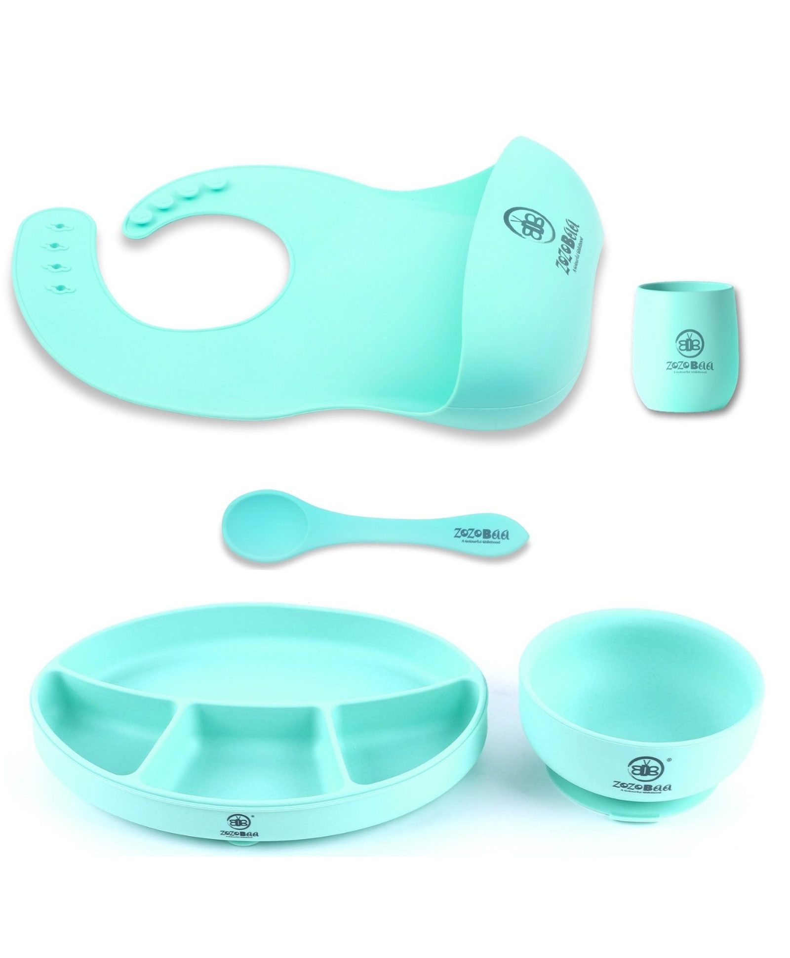 ZoZoBaa Silicone Feeding Set Including Baby Bib,Long Spoon, Tiny Open Cup, Suction Base Oval Plate & Bowl for Toddler |Solid Cutlery Set| Easy Wipe Clean| Baby Weaning Sets (5 Pc), [Green]-image-11