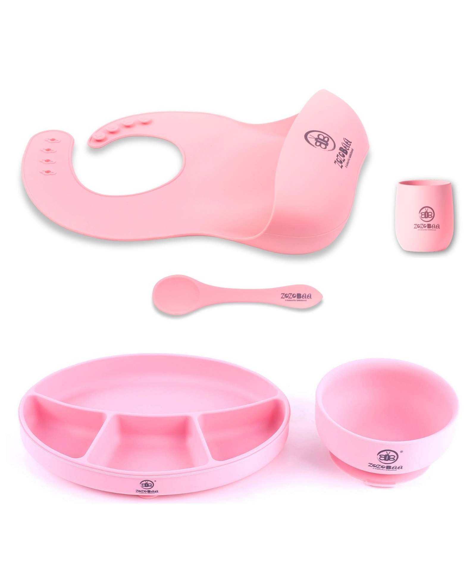 ZoZoBaa Silicone Feeding Set Including Baby Bib,Long Spoon, Tiny Open Cup, Suction Base Oval Plate & Bowl for Toddler |Solid Cutlery Set| Easy Wipe Clean| Baby Weaning Sets (5 Pc), [pink]-image-47