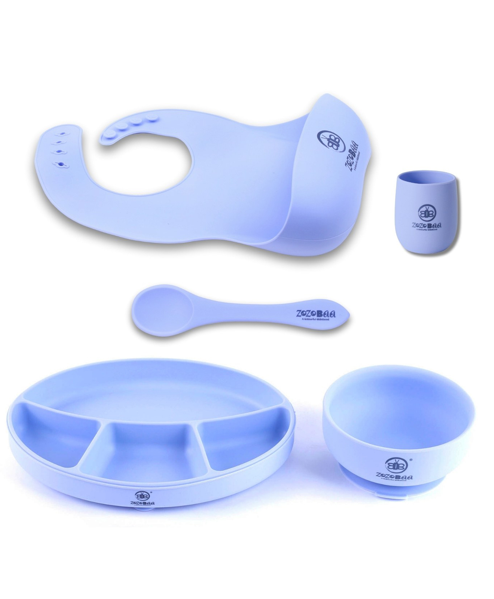 ZoZoBaa Silicone Feeding Set Including Baby Bib,Long Spoon, Tiny Open Cup, Suction Base Oval Plate & Bowl for Toddler |Solid Cutlery Set| Easy Wipe Clean| Baby Weaning Sets (5 Pc), [Purple]-image-48