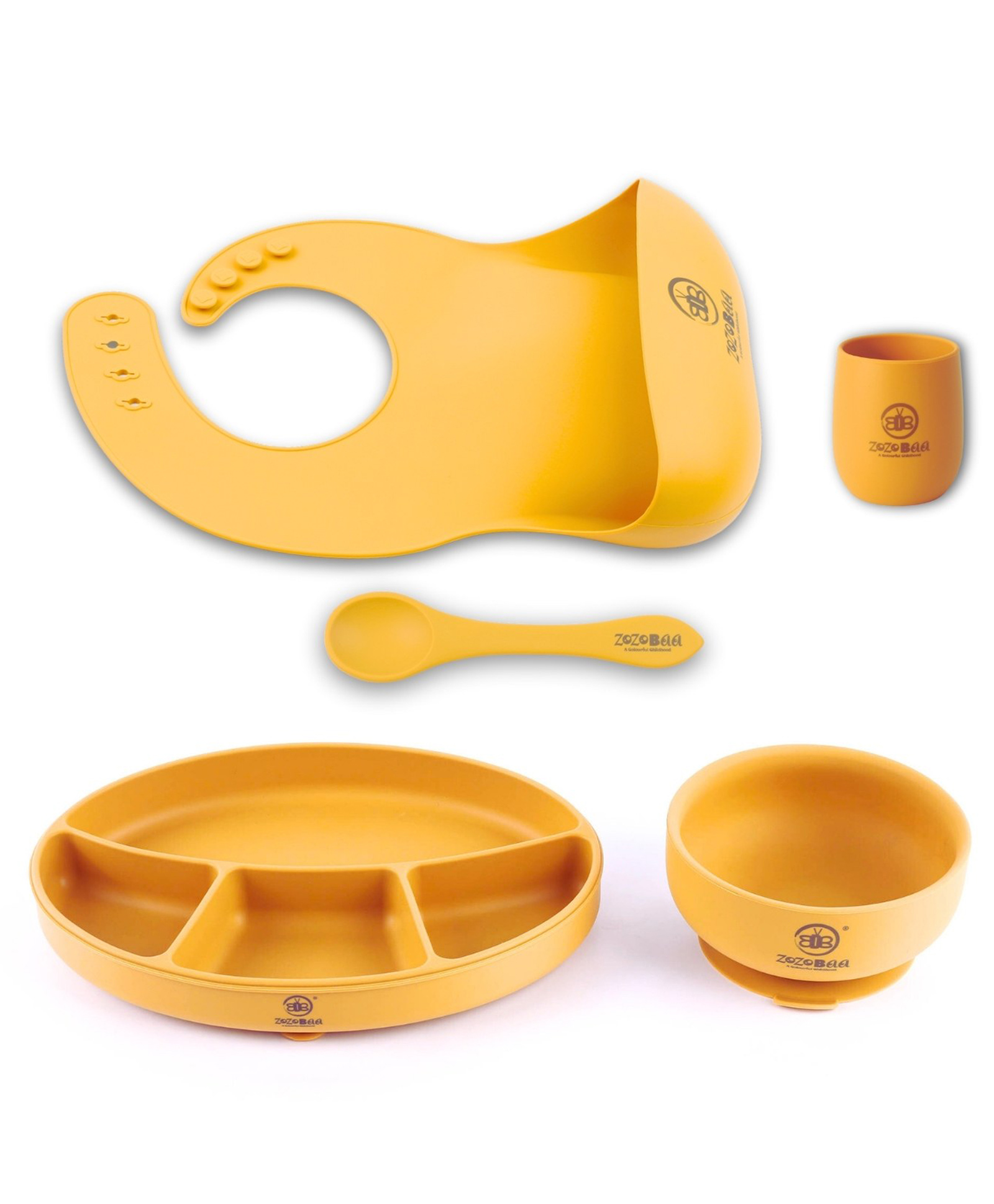 ZoZoBaa Silicone Feeding Set Including Baby Bib,Long Spoon, Tiny Open Cup, Suction Base Oval Plate & Bowl for Toddler |Solid Cutlery Set| Easy Wipe Clean| Baby Weaning Sets (5 Pc), [Mango Yellow]-image-32