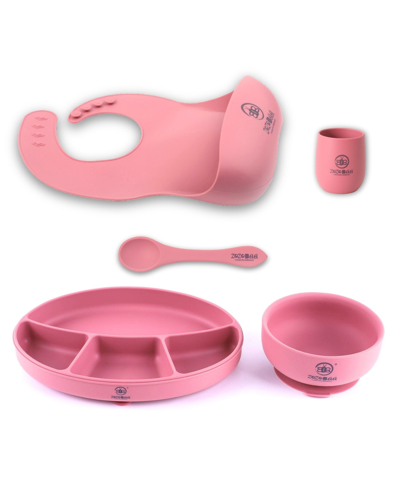 ZoZoBaa Silicone Feeding Set Including Baby Bib,Long Spoon, Tiny Open Cup, Suction Base Oval Plate & Bowl for Toddler |Solid Cutlery Set| Easy Wipe Clean| Baby Weaning Sets (5 Pc), [Dark Red]-image-35