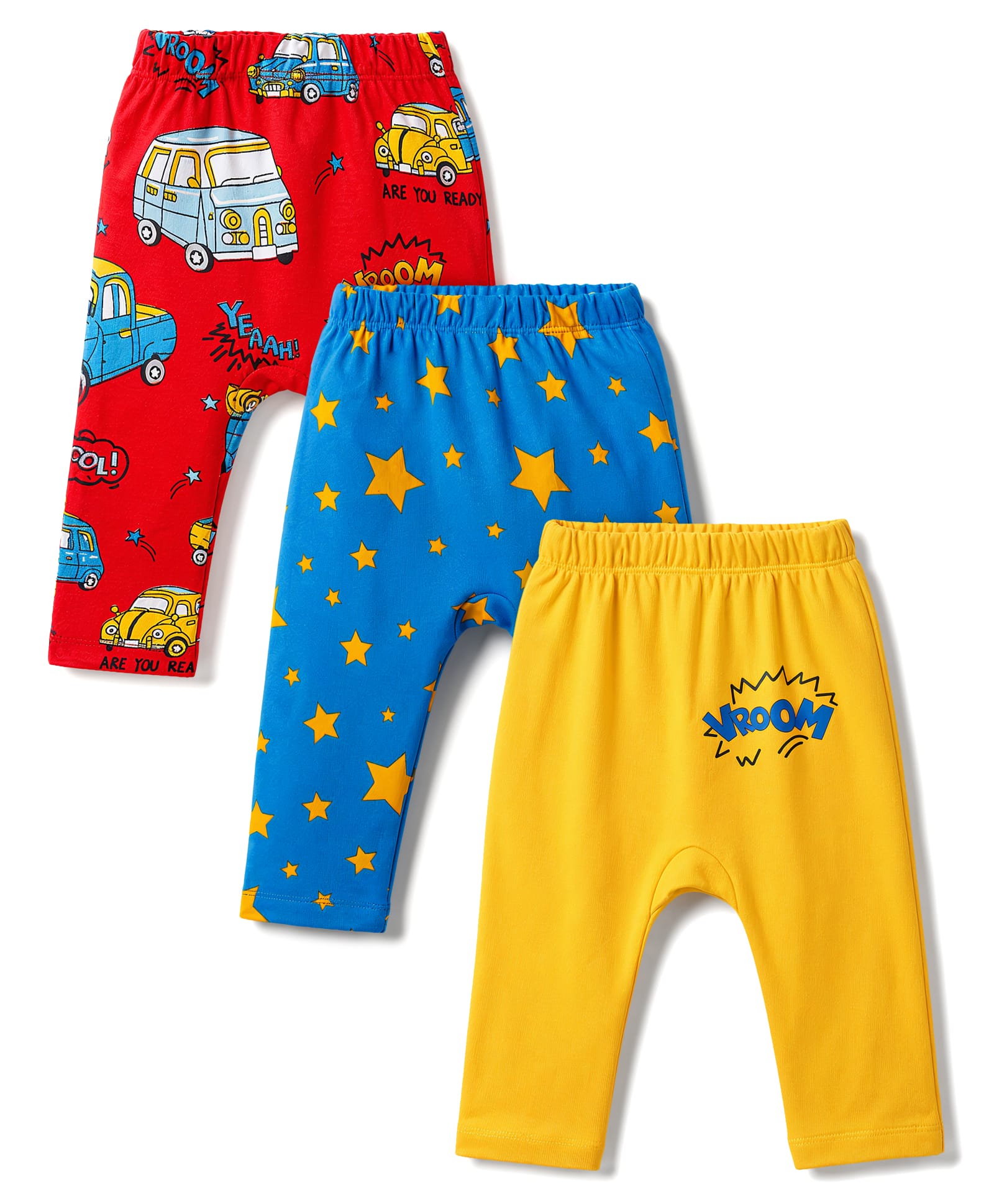 Babyhug Interlock Knit Full Length Vehicles & Star Printed Diaper Leggings Pack Of 3 - Multicolor-image-17