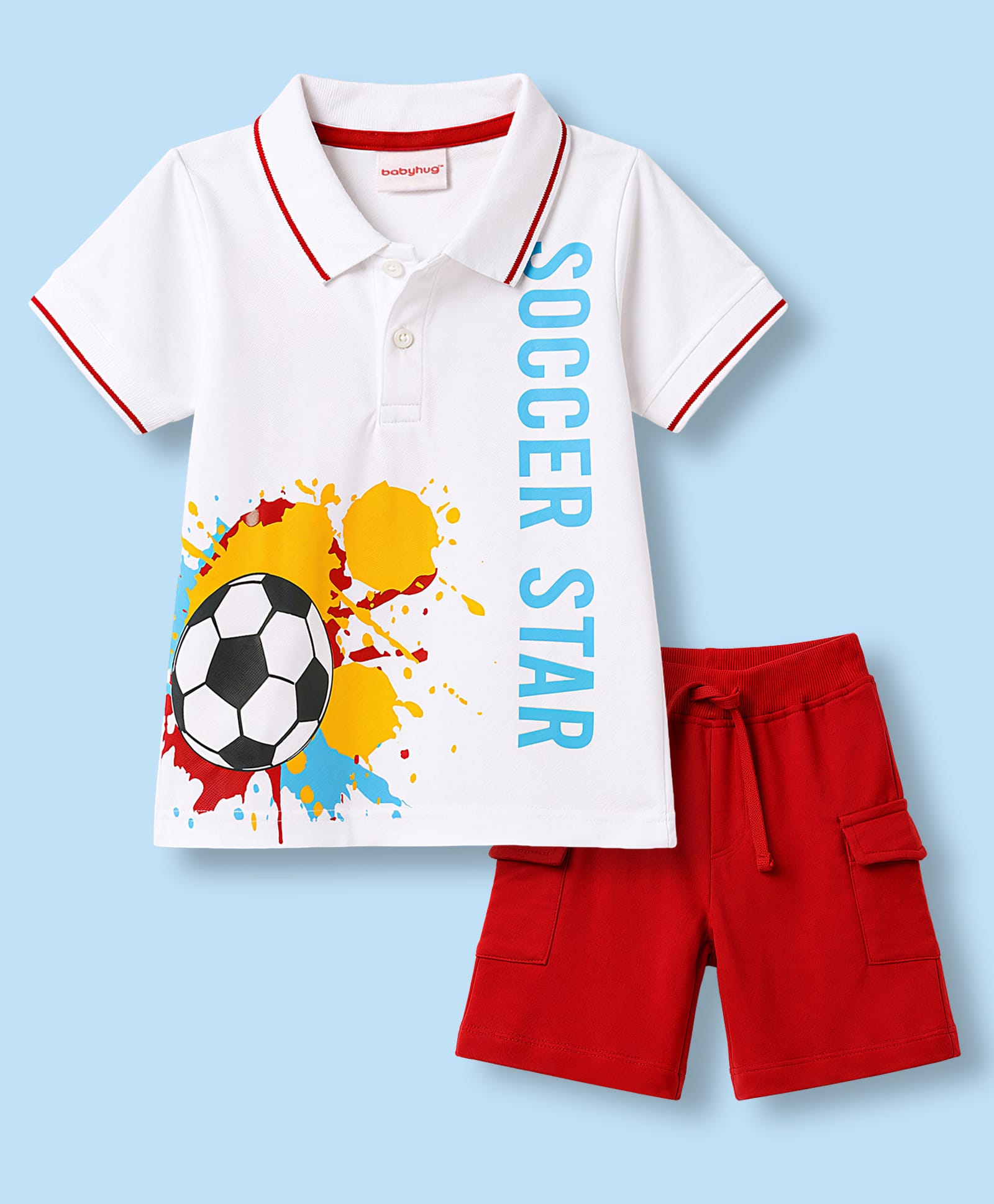 Babyhug Single Jersey Knit Half Sleeves Polo T-Shirt & Shorts With Soccer Print - White & Red-image-38