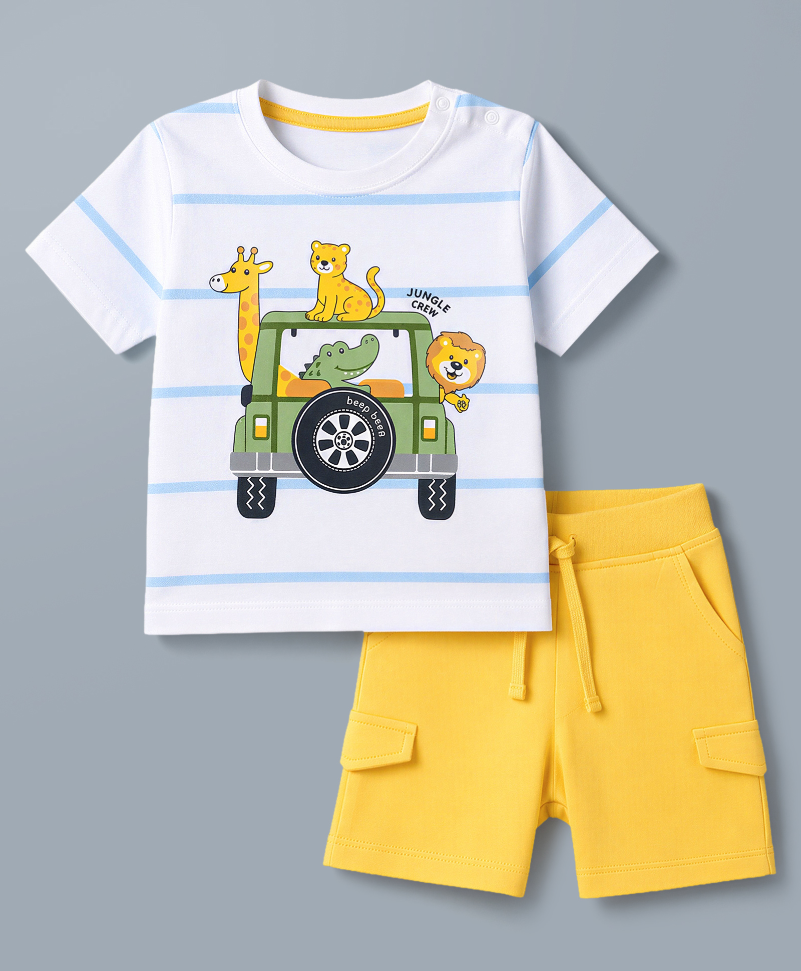 Babyhug 100% Cotton Knit Half Sleeves Animals Printed & Striped T-Shirt & Shorts Set - White & Yellow-picture-15