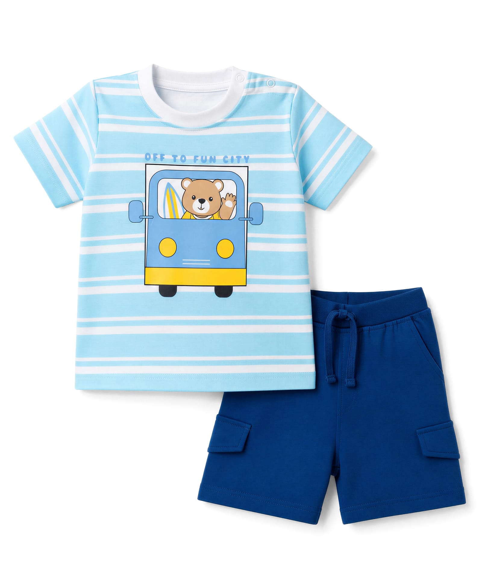 Babyhug 100% Cotton Knit Half Sleeves Bear & Vehicles Printed & Striped T-Shirt & Shorts Set - Blue-picture-28