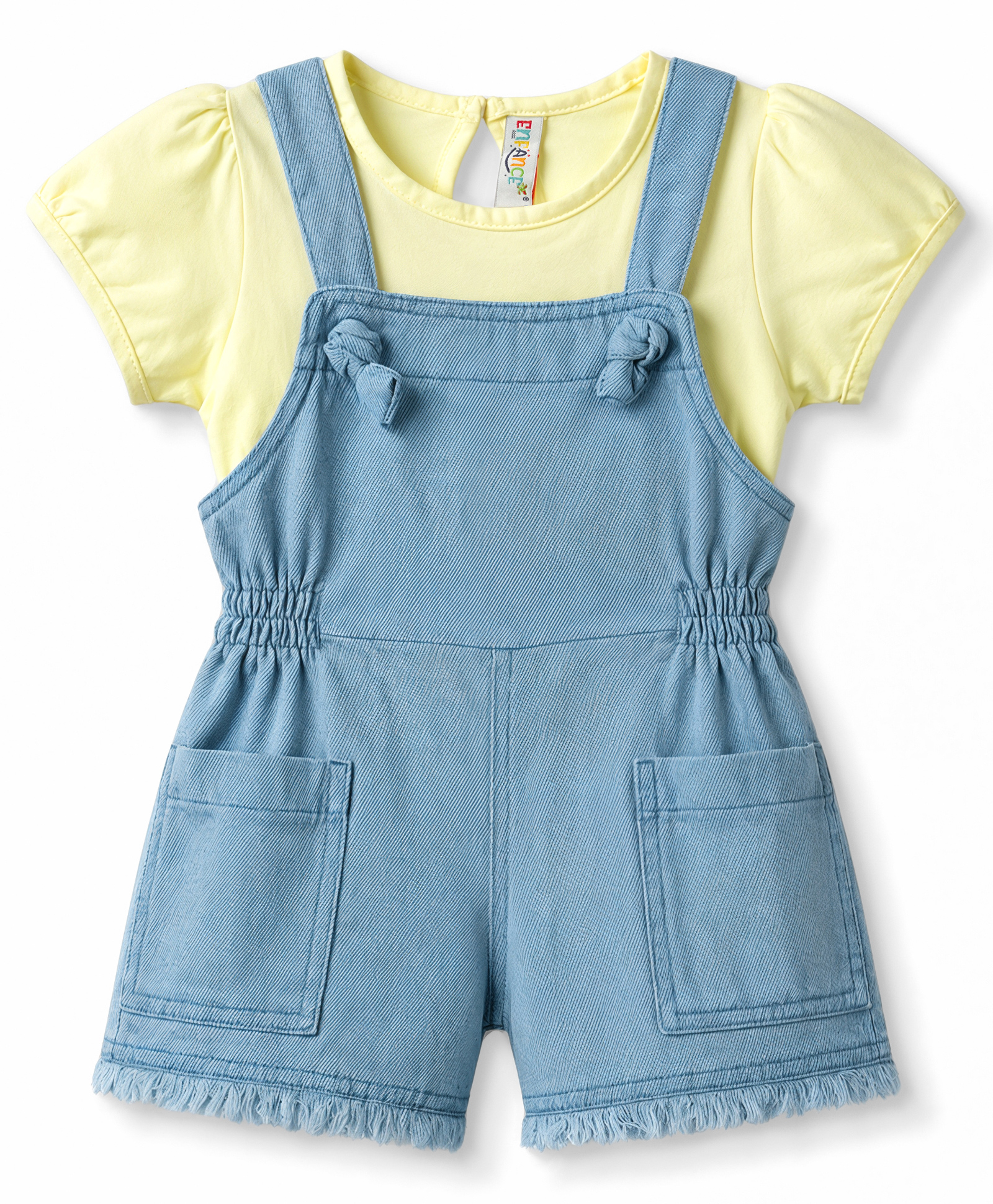 Enfance Core Woven Half Sleeves Tee With Knee Length Dungaree - Lemon Yellow-picture-16