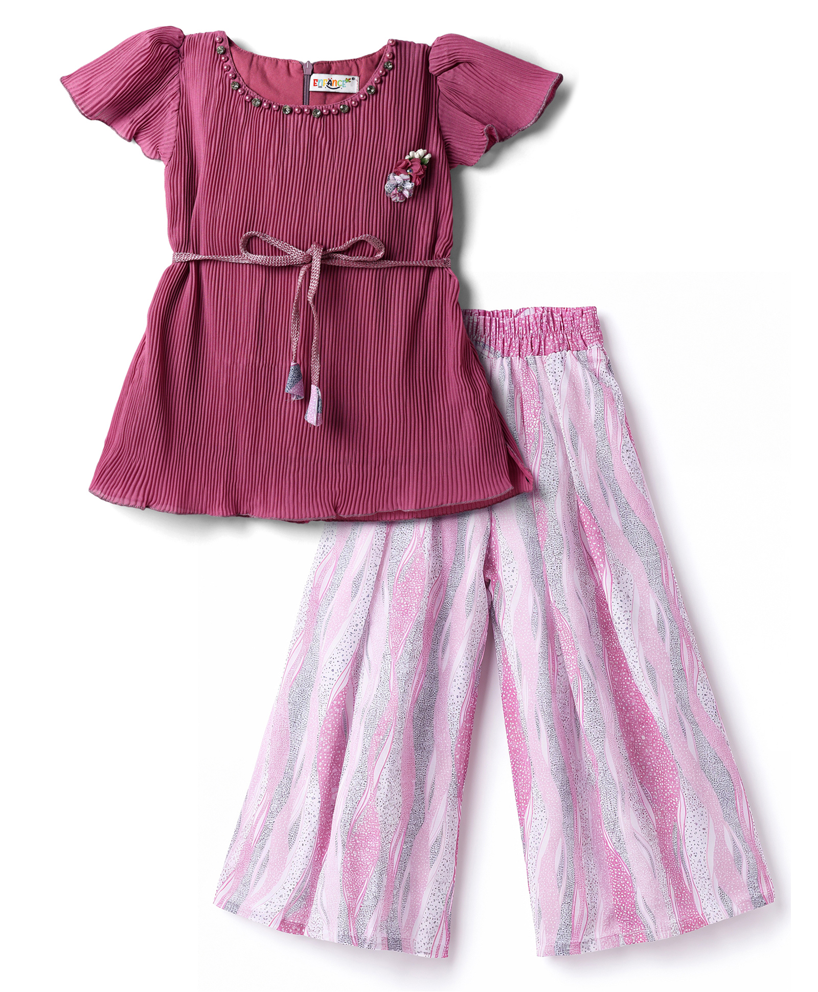 Enfance Core Cotton Knit Half Sleeves Crushed Top & Leggings Set with Floral Applique - Lavender-picture-38