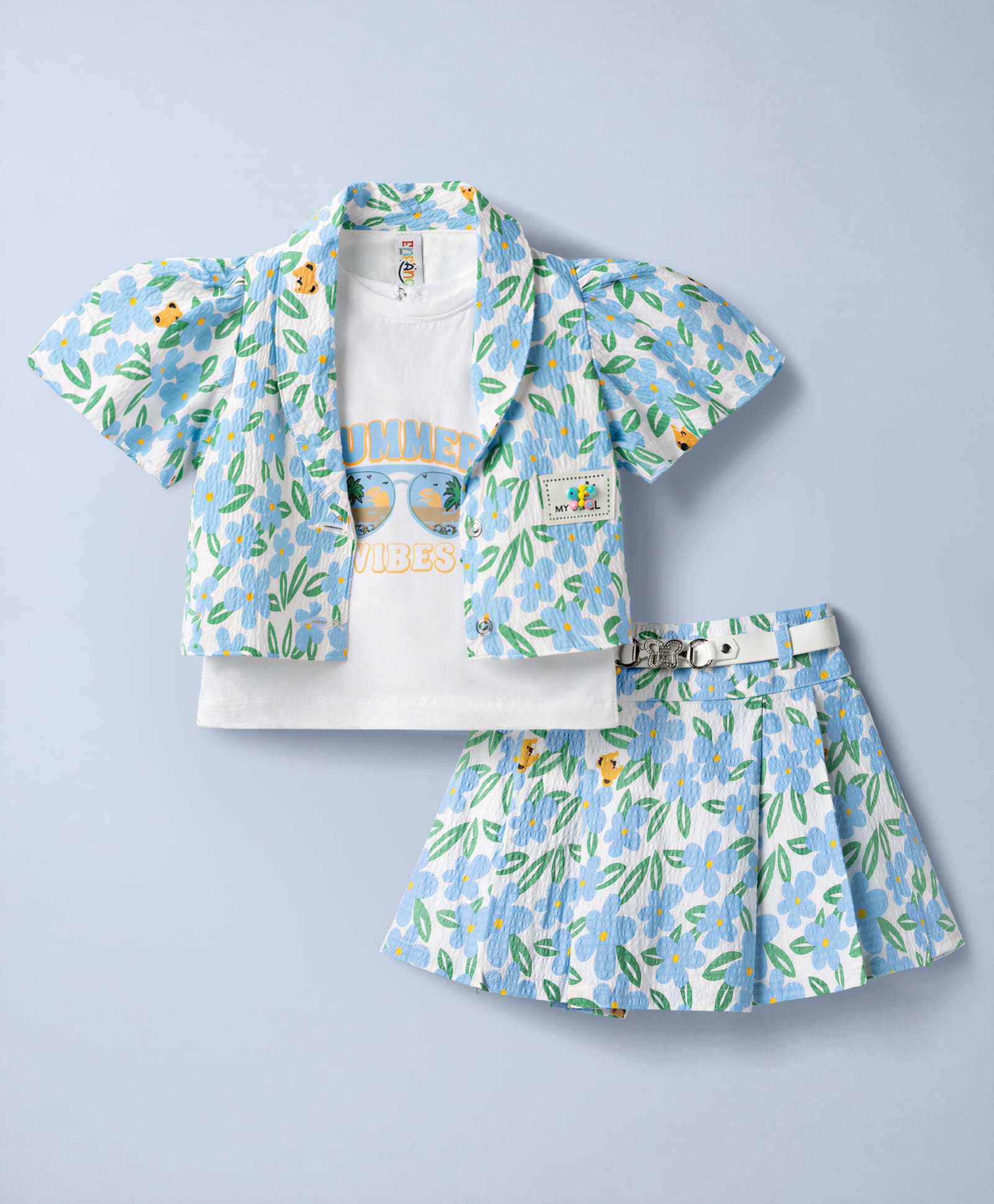 Enfance Core Cotton Knit Flower Printed Jacket With Top & Skirt Co-ord Set - Light Blue-image-15