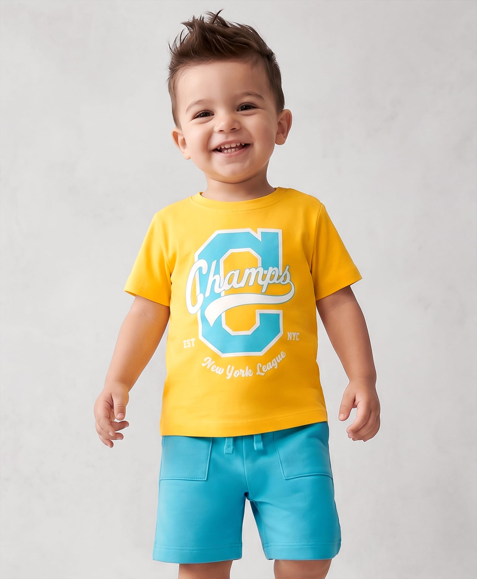 Babyhug 100% Cotton Knit Half Sleeves Text Printed T-Shirt & Shorts Set - Yellow & Blue-image-42