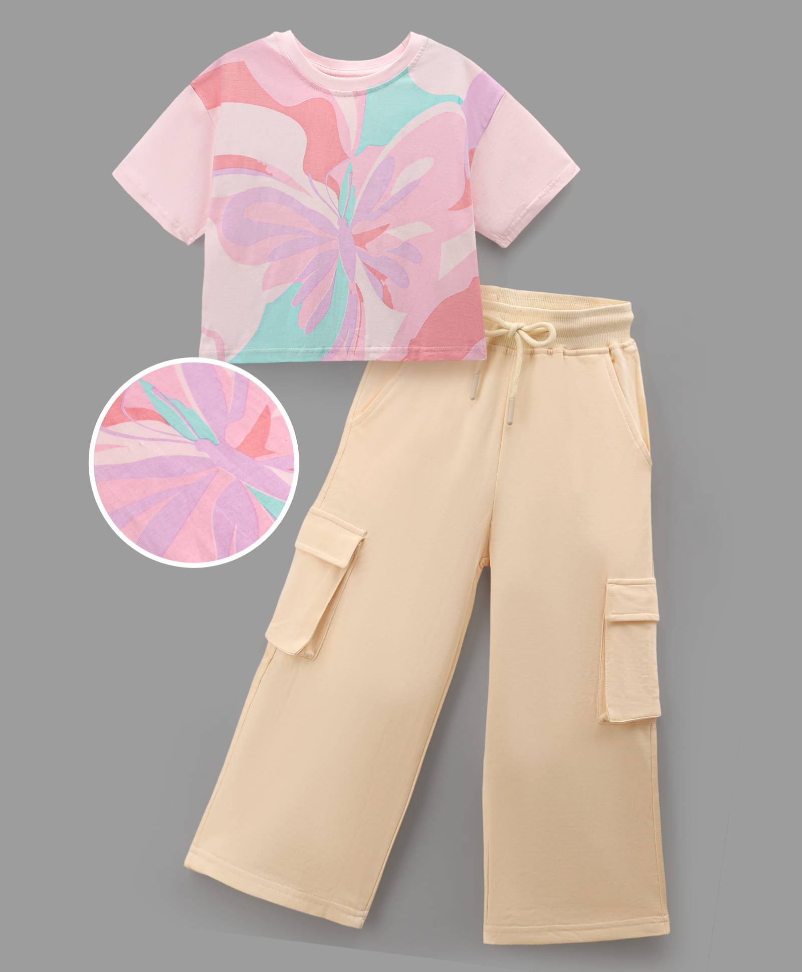 OLLINGTON ST. Cotton Sinker Knit Half Sleeves Butterfly Printed Top & Culottes Set With Cargo Pockets - Pink & Cream-image-48