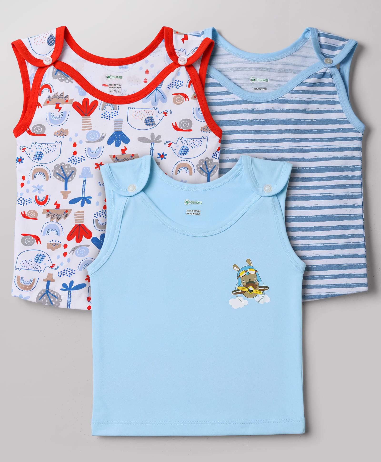OHMS Single Jersey Knit Sleeveless Jhablas with Stripes & Animals Print Pack of 3 - Light Blue & White-picture-19