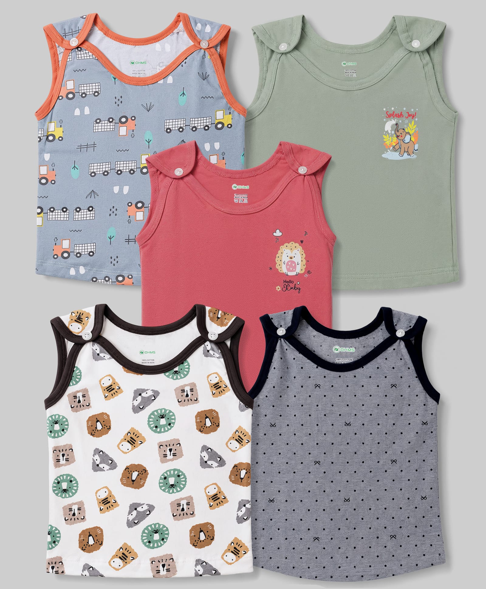 OHMS Single Jersey Knit Sleeveless Jhablas with Animals & Car Print Pack of 5- White Blue & Green-picture-13