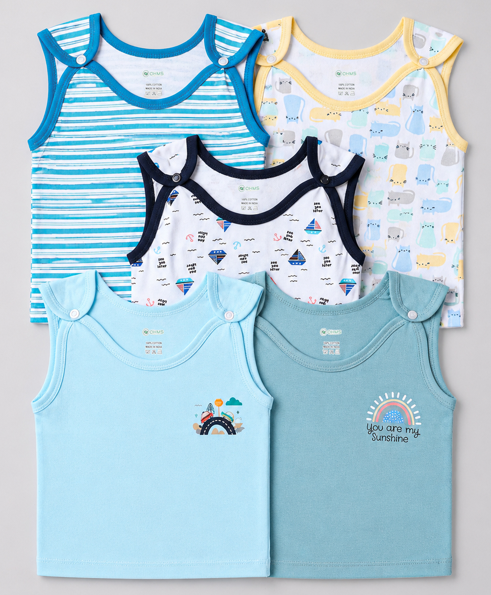 OHMS Single Jersey Knit Sleeveless Striped Jhablas with Nautical & Animal Print Pack Of 5 - Blue & White-picture-26