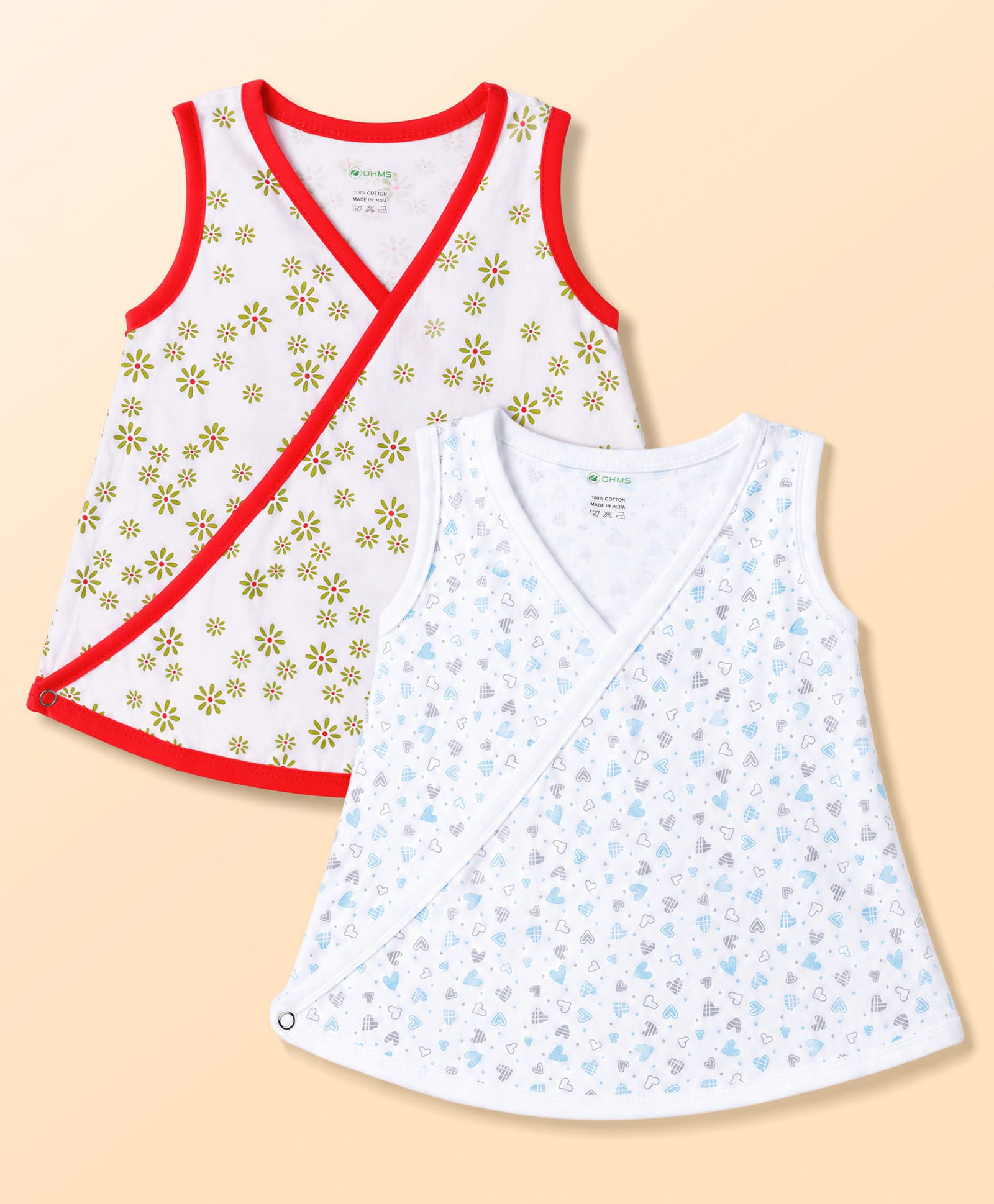 OHMS Single Jersey Knit Sleeveless Jhablas with Floral & Heart Print Pack of 2 - White-image-36