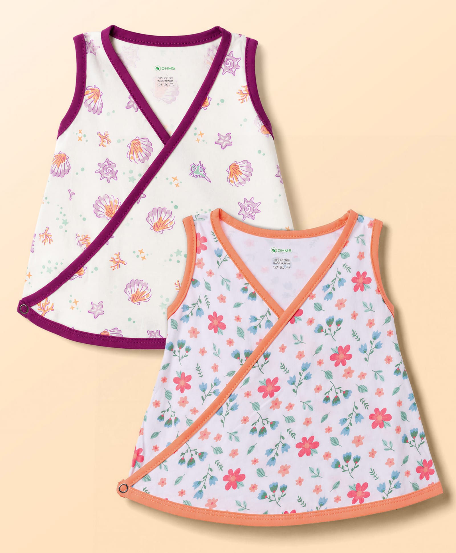 OHMS Single Jersey Knit Sleeveless Jhablas with Floral & Shell Print Pack of 2 - White-image-13