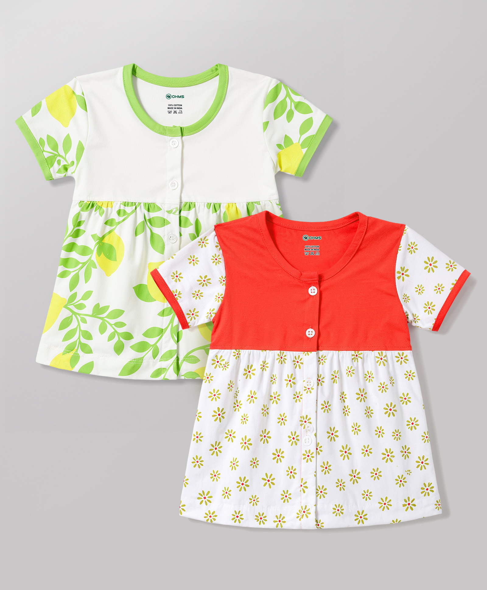 OHMS Single Jersey Knit Half Sleeves Frock Style Jhablas with Floral & Leafy Print Pack of 2- White & Red-image-18
