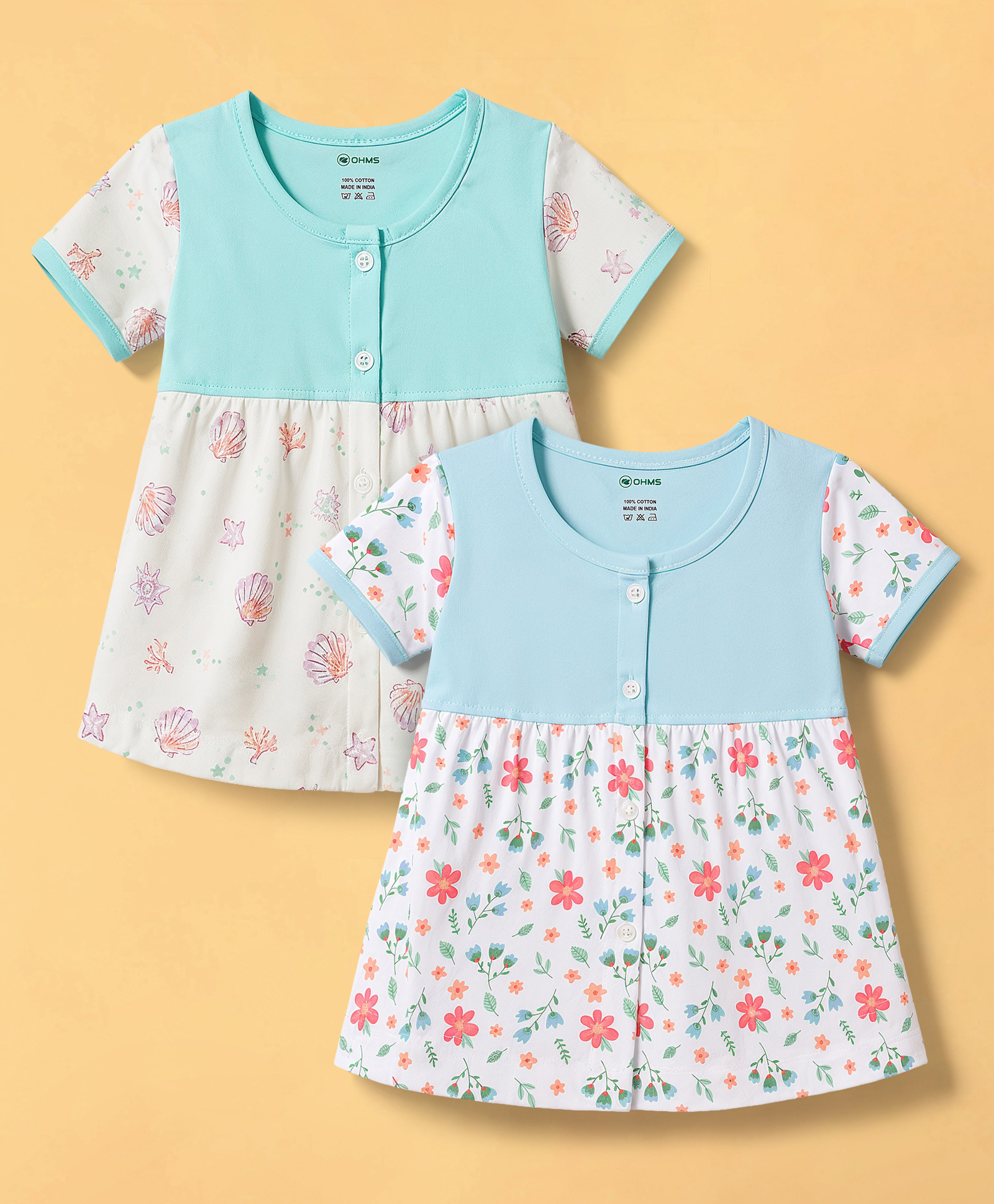 OHMS Single Jersey Knit Half Sleeves Frock Style Jhablas with Floral & Shell Print Pack of 2- White & LIght Blue-image-16