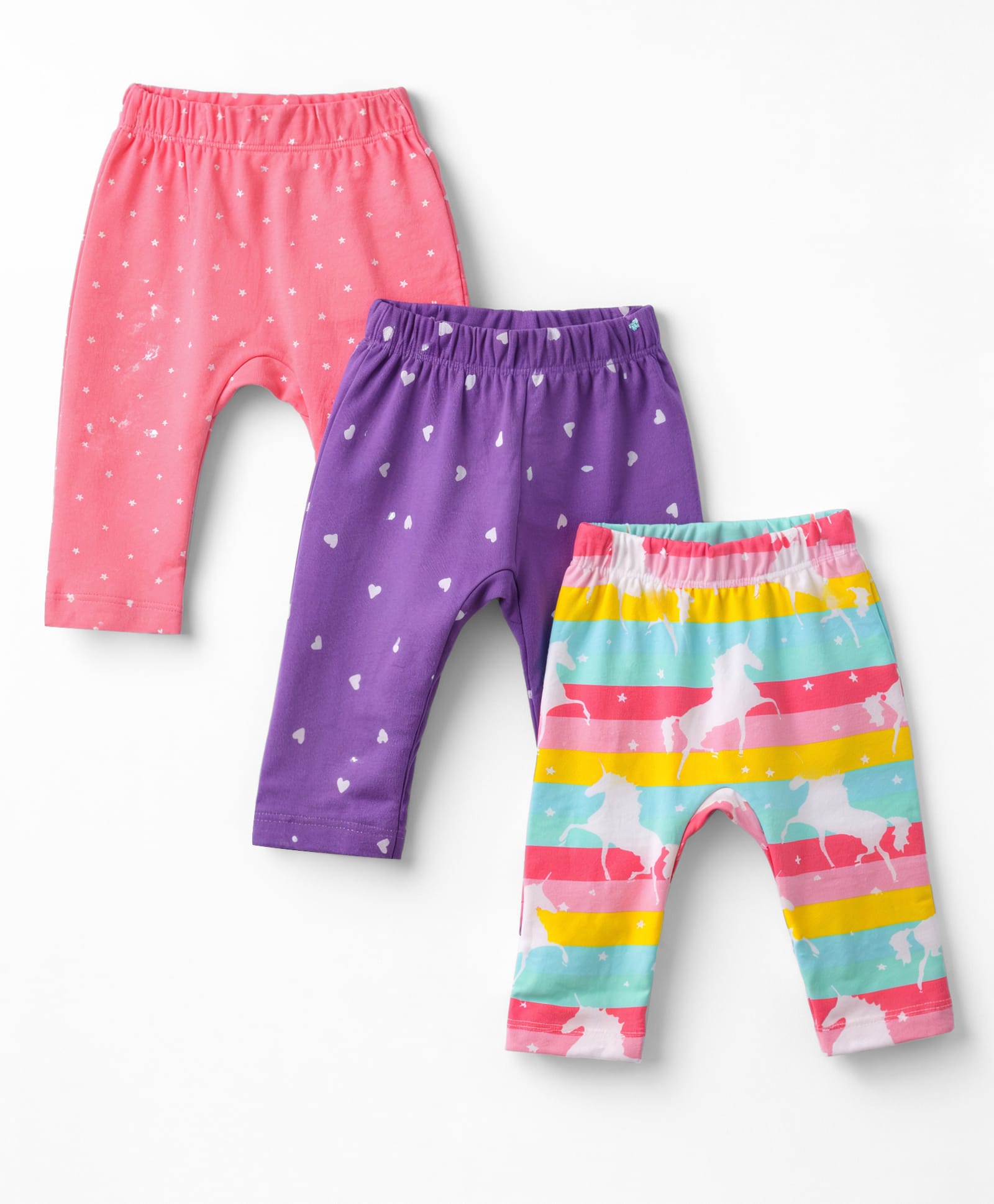 Babyhug Interlock Knit Full Length Hearts Star & Unicorn Theme Printed Diaper Leggings Pack Of 3 - Multi Color-image-11