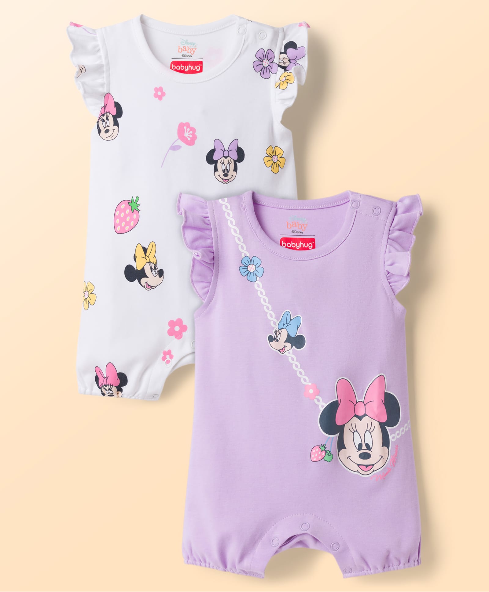 Babyhug Disney Interlock Knit Frill Sleeves Rompers with Minnie Mouse Graphics Pack of 2 - Multicolor-image-20