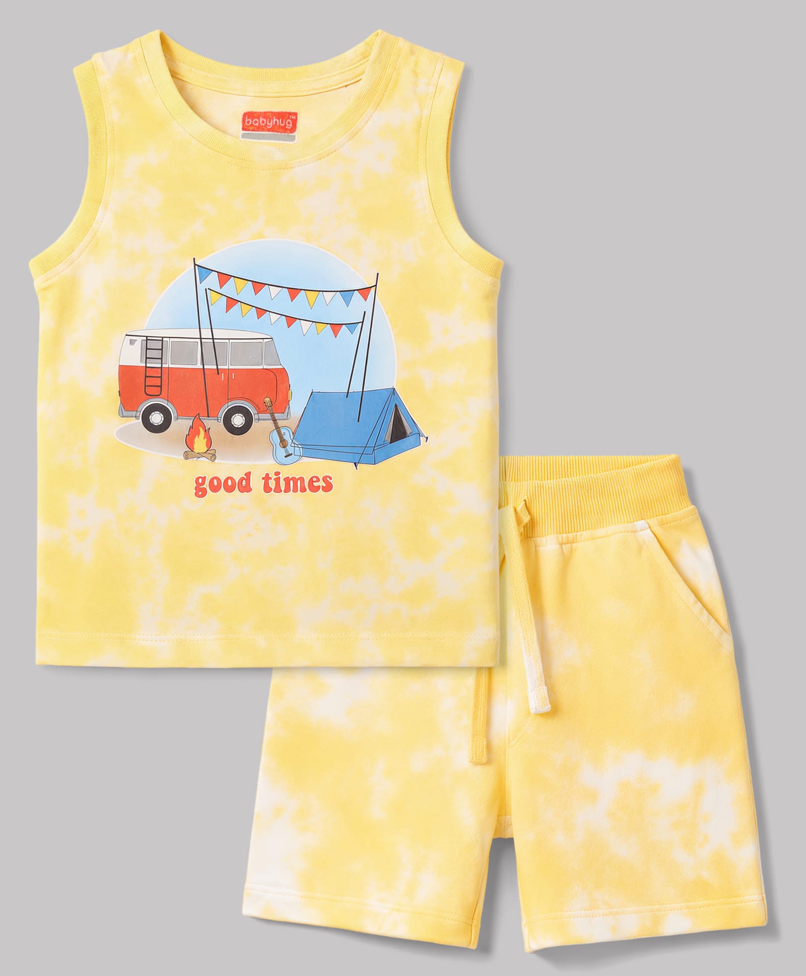 Babyhug Single Jersey Knit Sleeveless Tank T-Shirt & Shorts Set With Tie & Dye Effect & Van Print - Yellow-picture-27