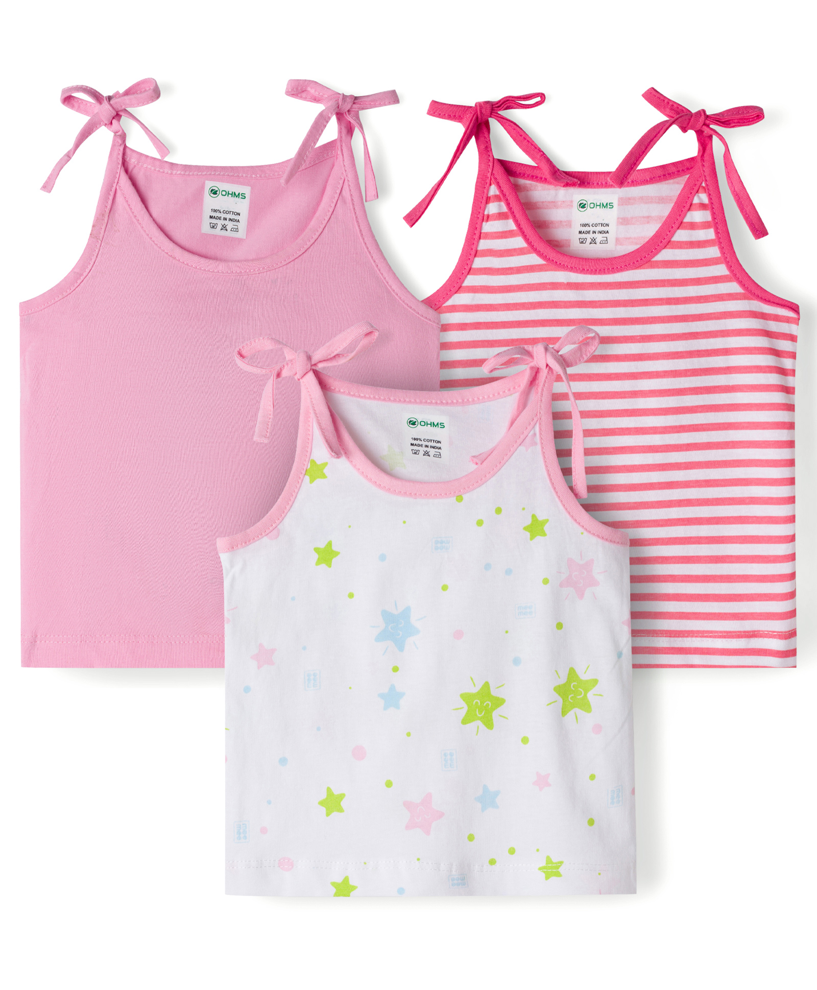 OHMS Single Jersey Knit Sleeveless Striped & Star Printed Slips Pack of 3 - Multicolor-image-46