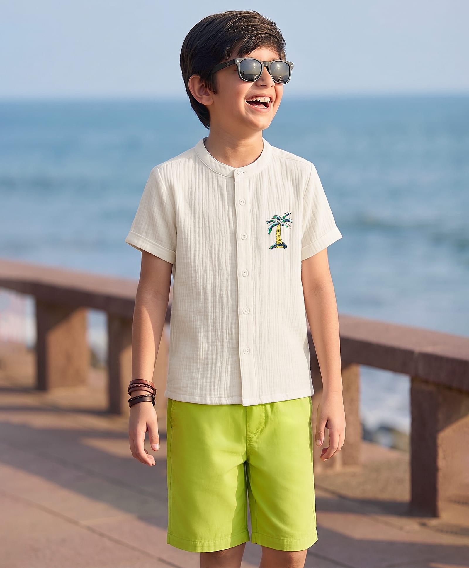 arias by lara dutta Arias Cotton Woven Half Sleeves Triple Gauze Shirt & Shorts Set With Tree Embroidery - White & Green-picture-15