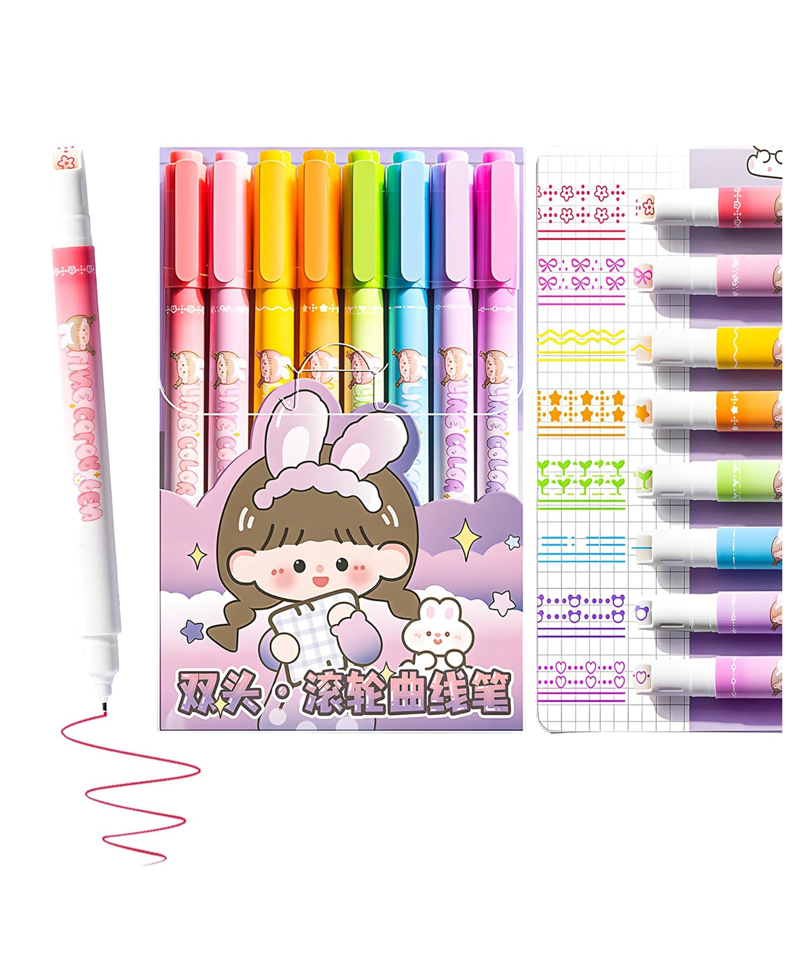 YAMAMA 8 pcs 2 in 1 Colorful Pen Set with Stamp, Roller Stamp Curve Highlighter Pen Set, Adorable Designs, Smooth Operation, Fancy Pen for Girls, Stationery Gift for Kids - Multicolor-image-3