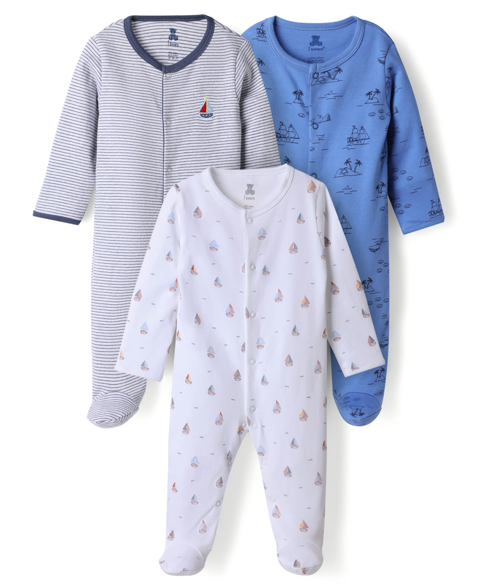 I Bears Interlock Knit Full Sleeves Striped & Printed Sleepsuits Pack of 3 - Multicolor-image-48