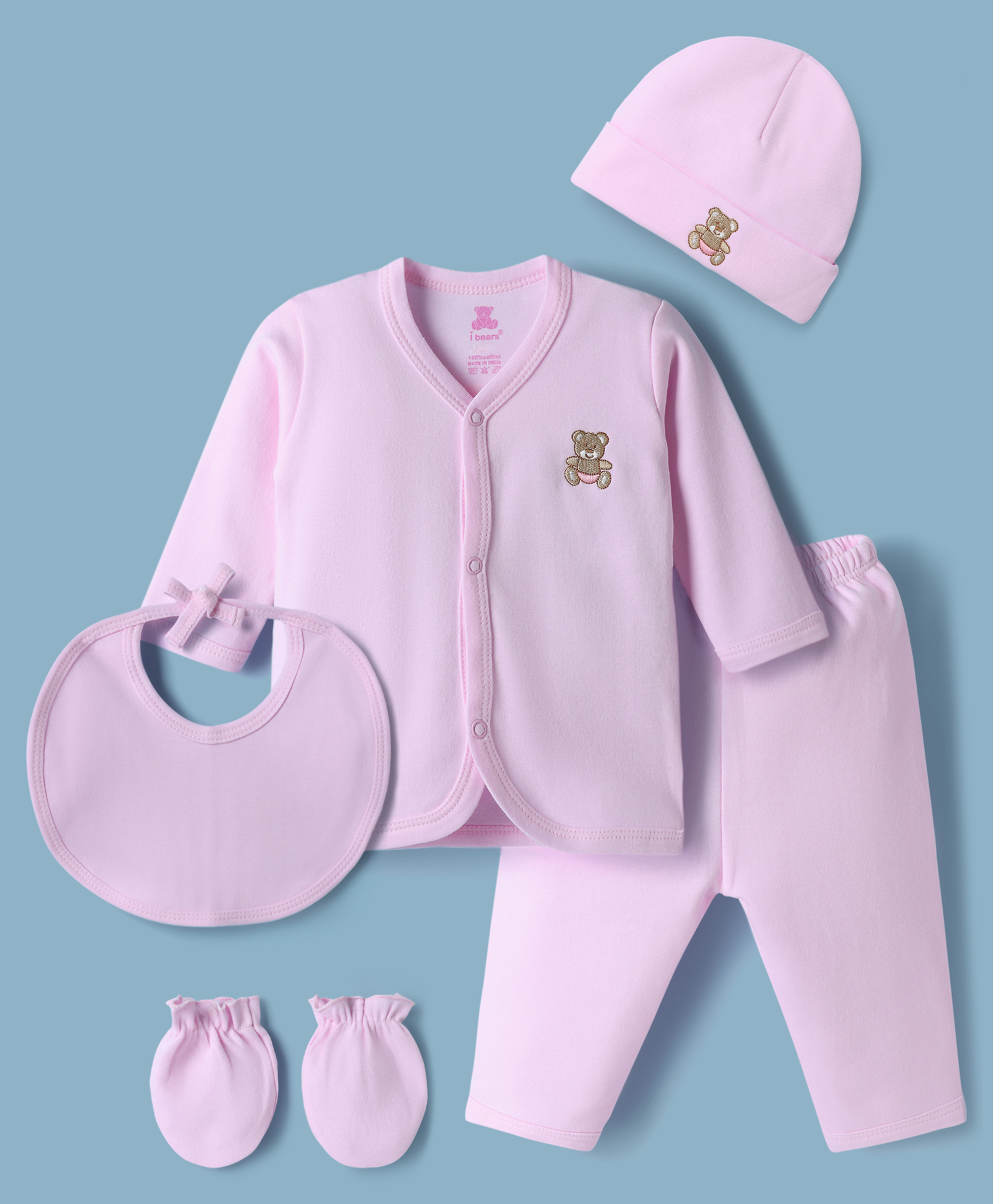 I Bears Interlock Knit Full Sleeves T-Shirt & Pyjama Night Suit With Bibs Mittens Cap & Bear Embroidery - Pink-image-36