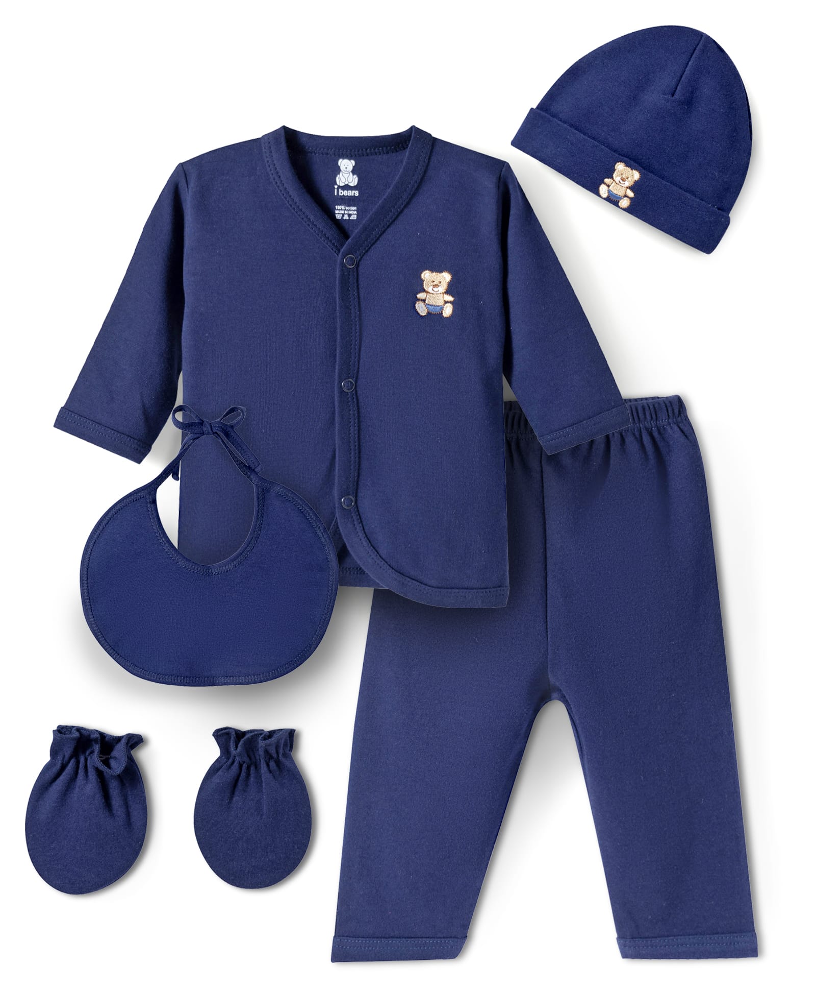 I Bears Interlock Knit Full Sleeves T-Shirt & Pyjama Night Suit With Cap Mittens & Bib & Bear Embroidery - Navy Blue-image-41