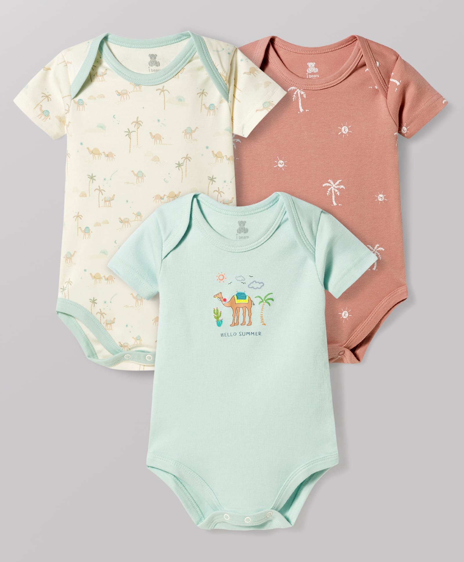 I Bears Interlock Knit Half Sleeves Onesies with Camel Print Pack of 3 - Multicolor-image-25