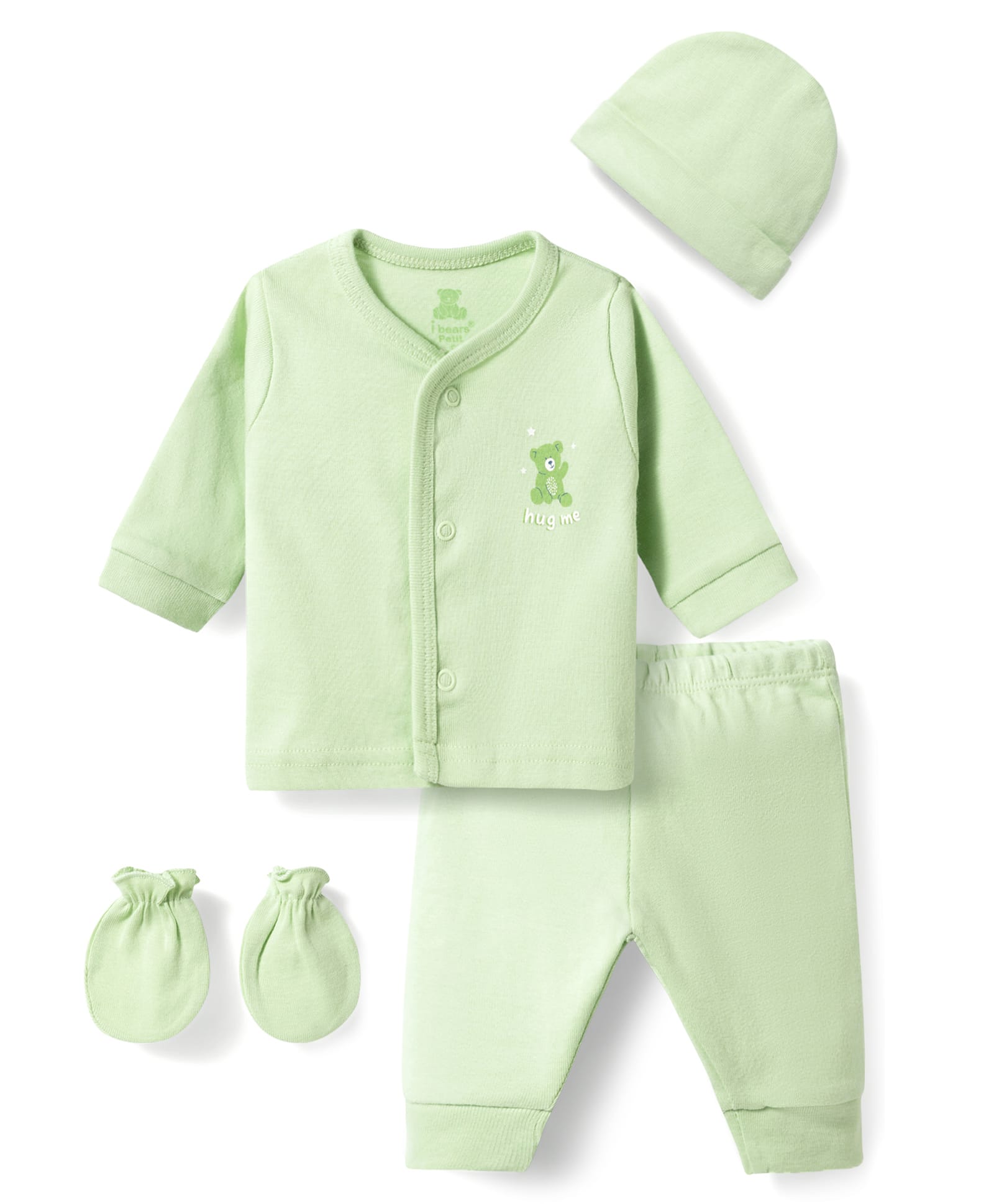 I Bears Interlock Knit Full Sleeves Co-Ord T-Shirt & Pyjama Night Suit With Cap Mittens & Bear Print - Light Green-image-45