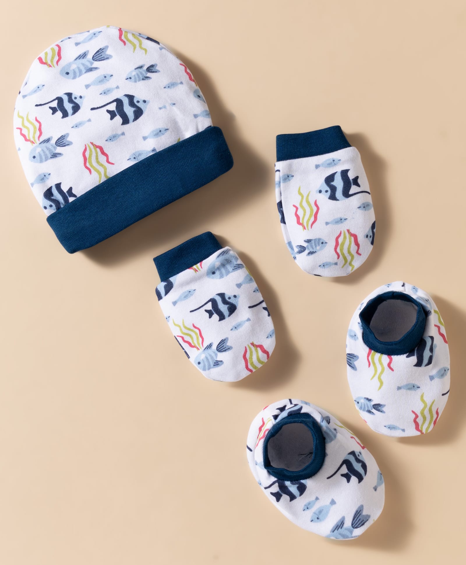 OHMS Single Jersey Knit Sea Life Print Cap, Mitten & Booties Set Multicolor - Diameter 9 cm-picture-21