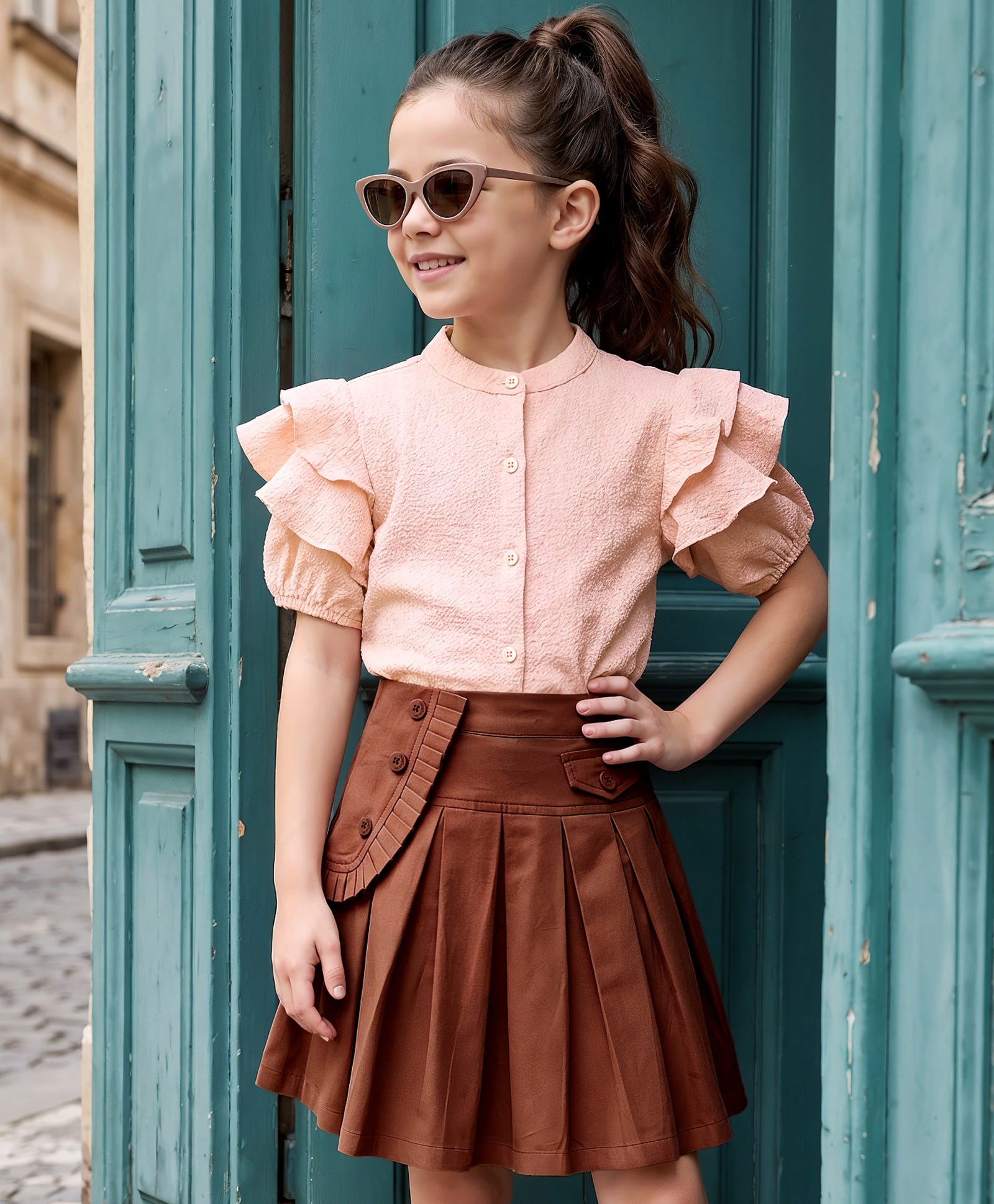 OLLINGTON ST. Woven Half Sleeve Top With & Poplin Skirt Set - Peach & Brown-image-44