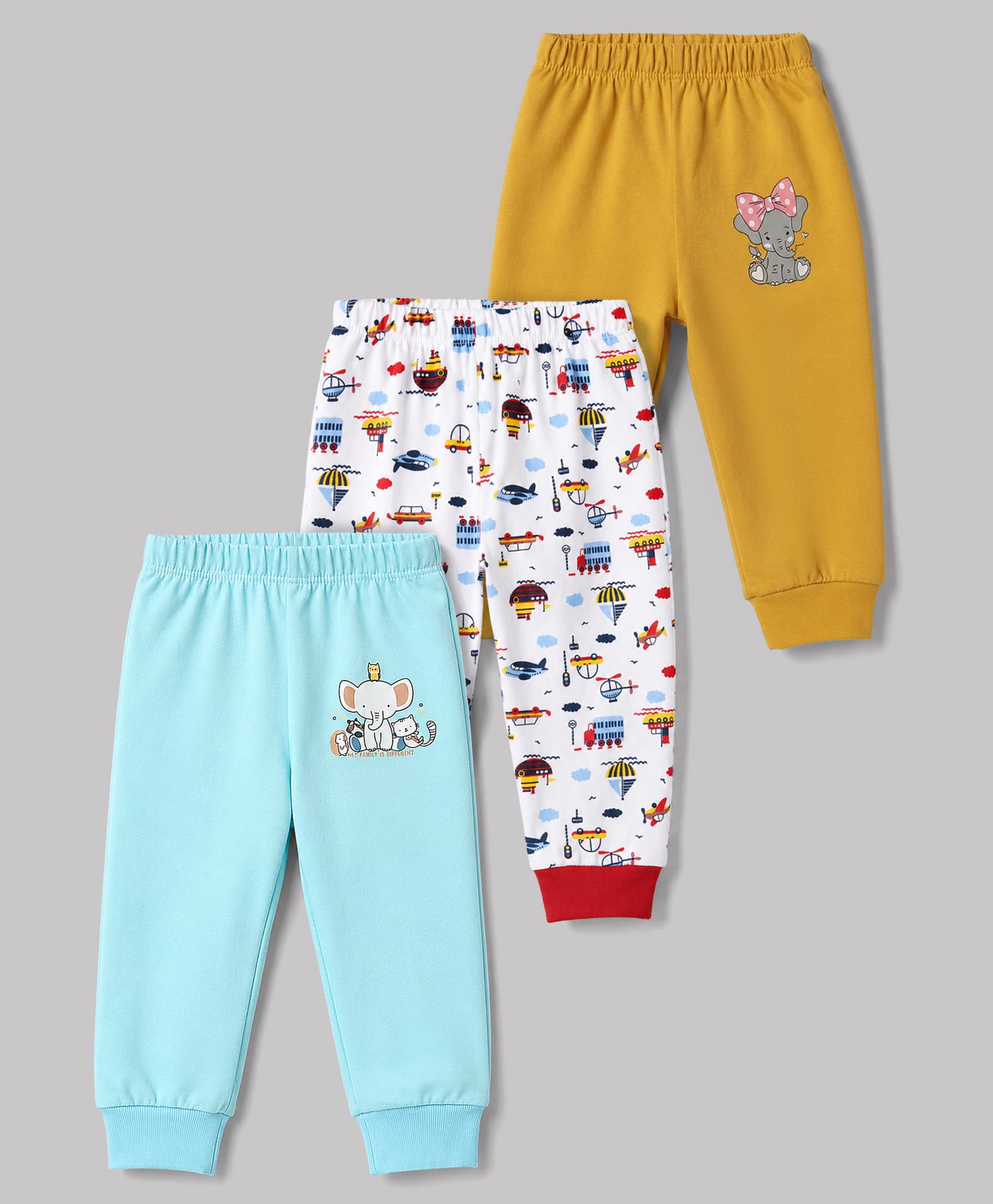 OHMS Single Jersey Knit Full Length Elephant & Vehicles Printed Lounge Pants Pack of 3 - Light Blue Yellow & White-image-41