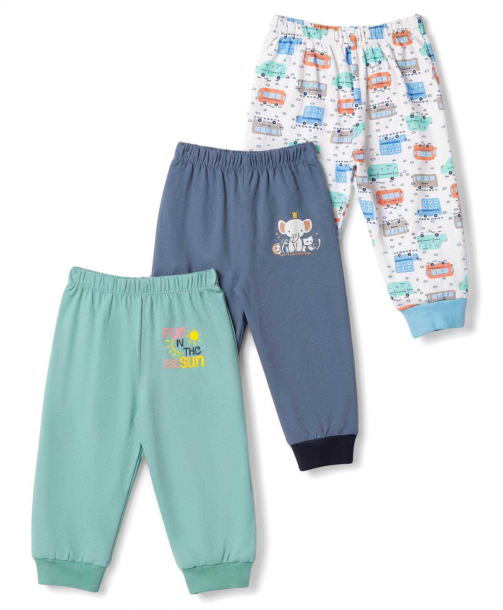 OHMS Single Jersey Knit Full Length Lounge Pant with Car & Animals Print Pack of 3 - White & Blue-picture-27