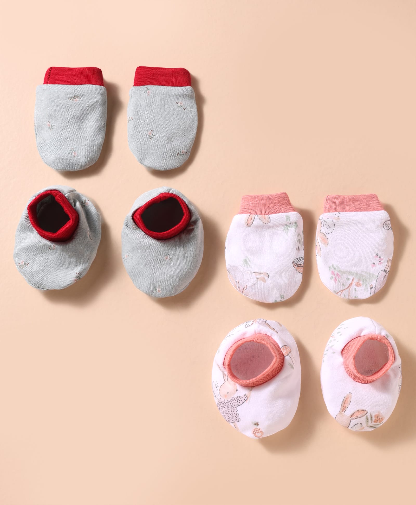 OHMS Single Jersey Knit Mitten & Booties Set With Animal & Floral Print Pack of 2 - White & Grey-picture-28