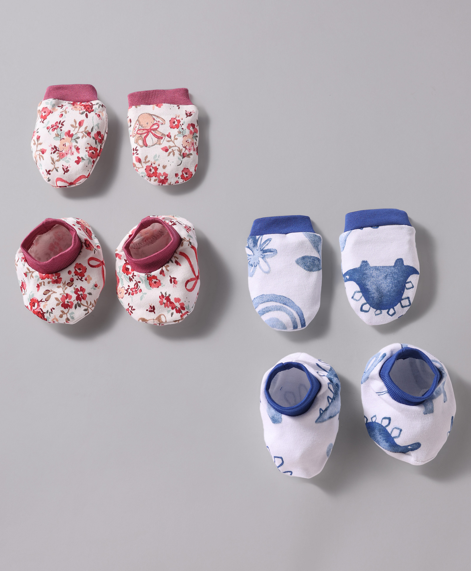 OHMS Single Jersey Knit Mitten & Booties Set With Animal & Floral Print Pack of 2 - White & Red-image-13